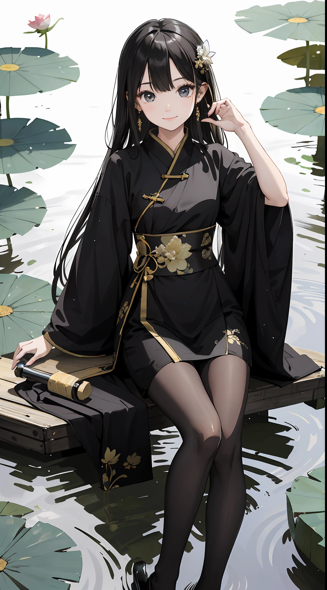 hoang lap,8K high resolution,ultra - detailed,(1girll:1.3),handpainted,Simple lines, wearing black Chinese clothing,beuaty girl,In the lotus pond,tmasterpiece,Sit on a plank floating in the water,Floating hair,black pantyhoses,black pantyhoses,looking toward the viewer,ssmile,