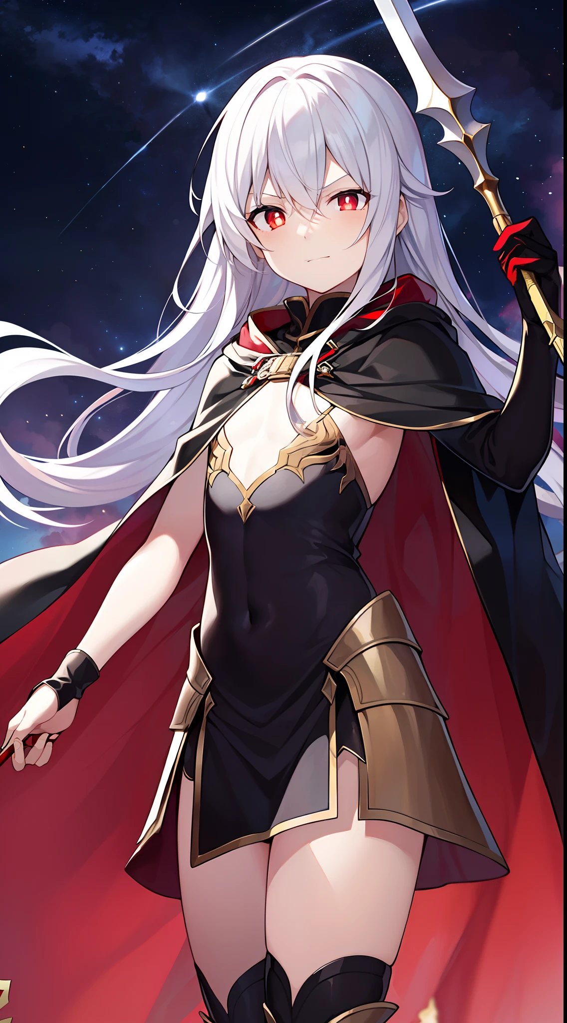 (Beautiful wallpapers) ，(evil theme)，Girl with long white hair，red pupils，(Black cloak and armor under the cloak)，Dominate the disaster，(Handsome)，Flat chest，Red Storm，(A world shrouded in darkness)，Random background，The decline of the world，(Stroke the abdomen)，(Spear of the Fallen Starry Sky)