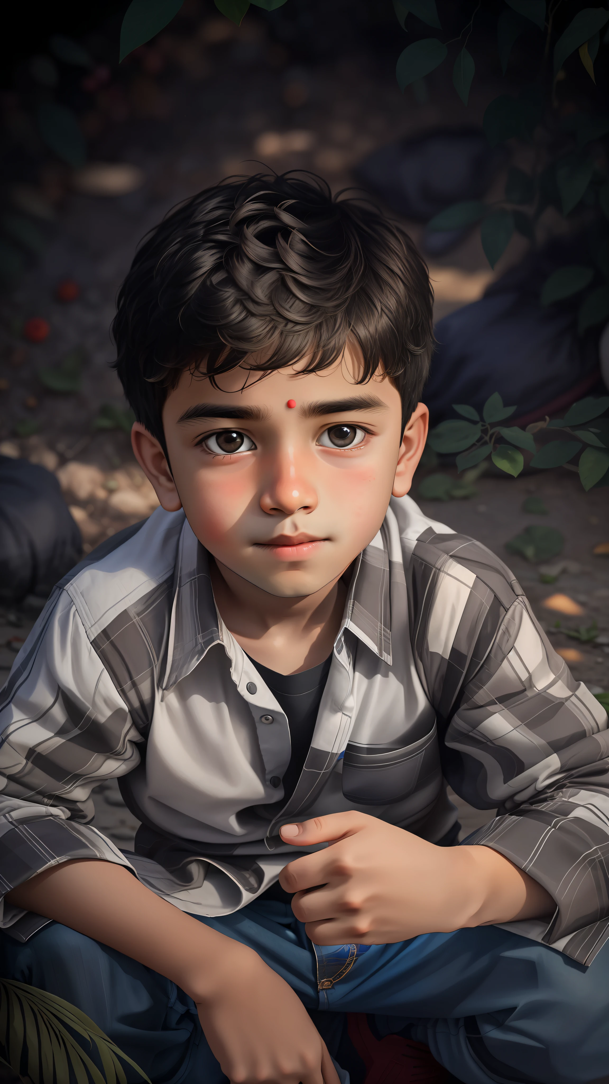 there is a young boy sitting on the ground with his hands on his knees, ayan nag, reyyan, young boy, potrait, old picture, innocent look, innocent face, with lovely look, portrait shot 8 k, cute boy, with accurate face, kid, vinayak, young commoner, innocent look. rich vivid colors