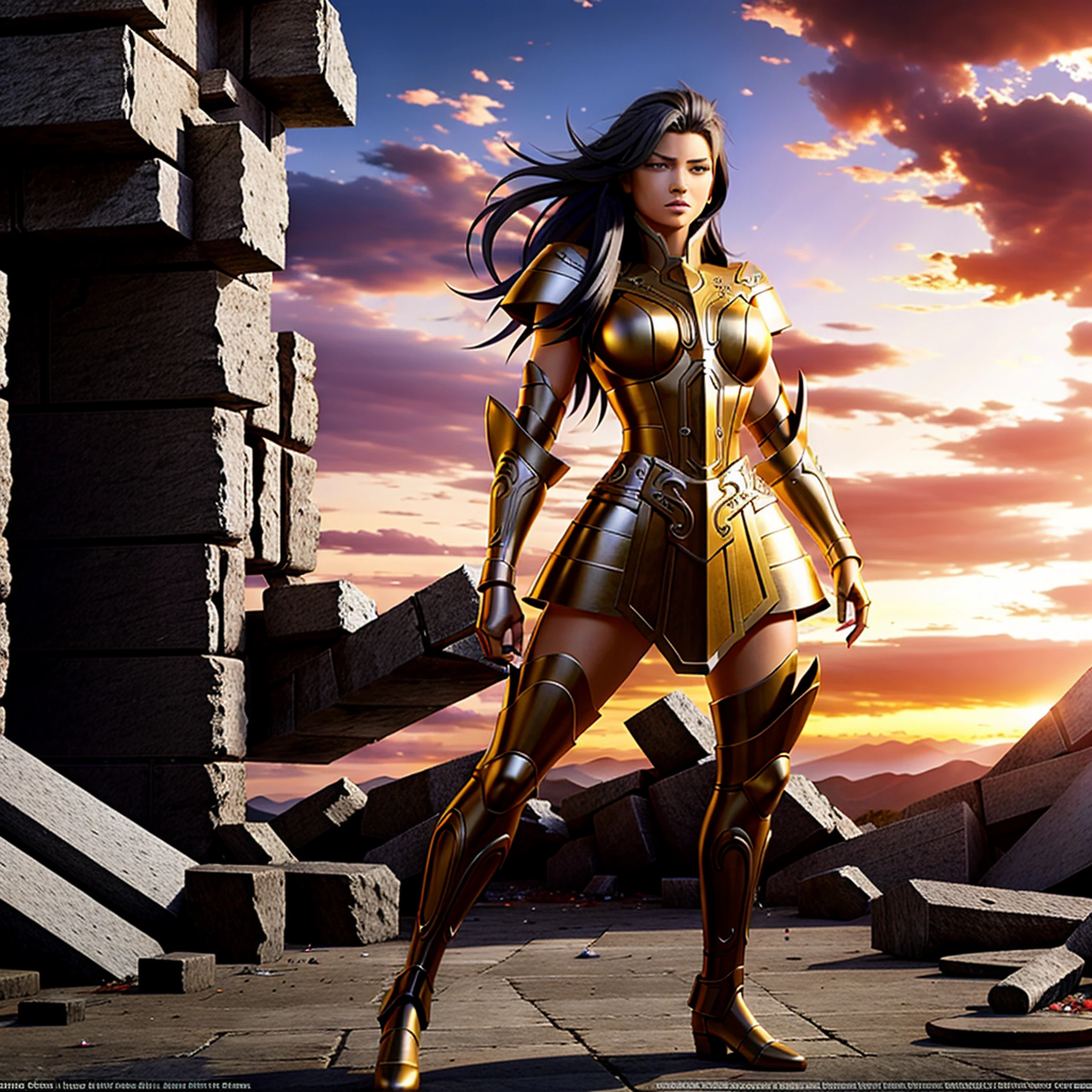 GeminiArmor, masterpiece, best quality, focus, Adriana Lima is wearing medieval armor and standing confidently in the midst of a battlefield. She looks strong, powerful and fearless, with a determined expression on her face. The armor glints in the sunlight, highlighting her toned and muscular physique. She is surrounded by the chaos and destruction of battle, with fallen soldiers and debris litter the ground around her. Despite the violence and turmoil, Adriana Lima exudes a sense of calm and control, as if she is the master of her surroundings. The overall effect is majestic, awe-inspiring and powerful, with Adriana Lima appearing as a warrior queen, commanding the scene floating mountain