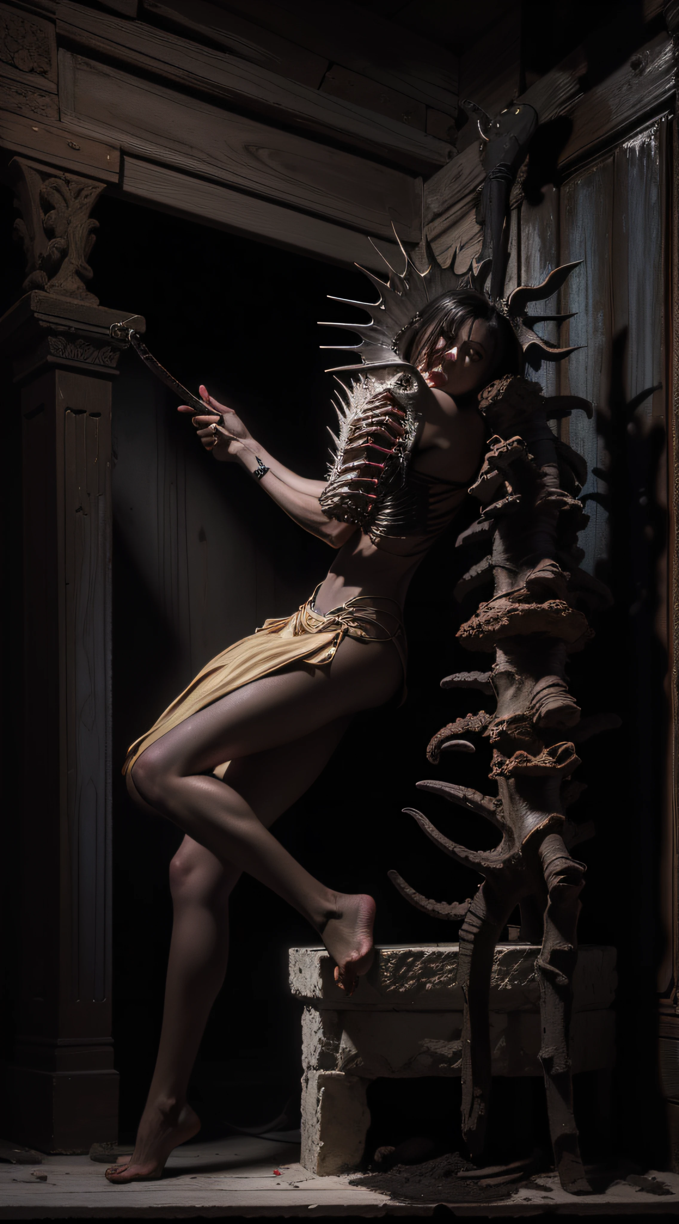 "(The best lighting, alto contraste, oscuro, dramatic),(Chica junto a una cabra negra gigante, Open the rib cage, autopsia, caldero con huesos humanos, sangre por las paredes),Luz Caravaggio"