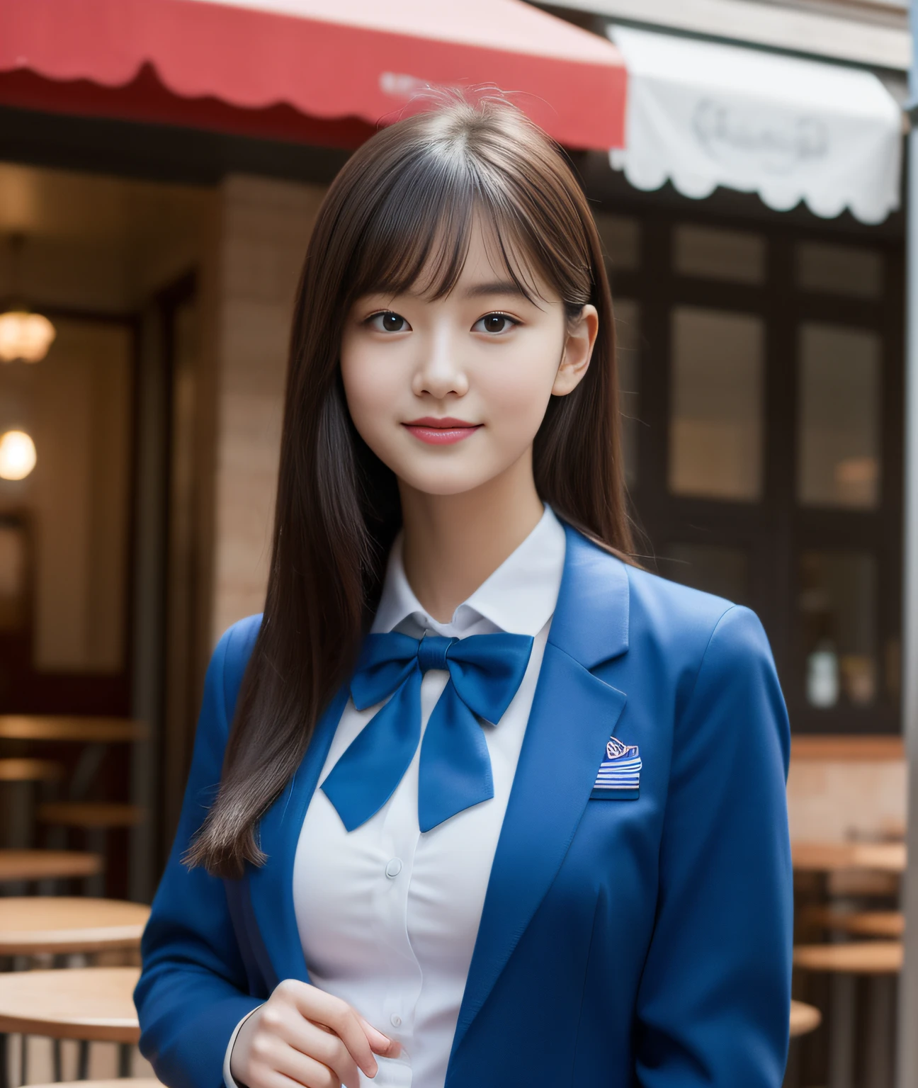 ((Best Quality, 8K, Masterpiece: 1.3)), a beauti, In addition, melon face, Friendly and cute, sweet smile, Pure desire, Slender body, (s whole body), (tilted head), ((looking at camera)), Medium Black Silky Straight Hair, Long flowing shoulders, round black big eyes, clear big eyes, moist red lips, Cafe shop background, ((full body shooting)), (Blue Blazer, bows, Sock, High School Uniform: 1.2, ), (Middle breast)