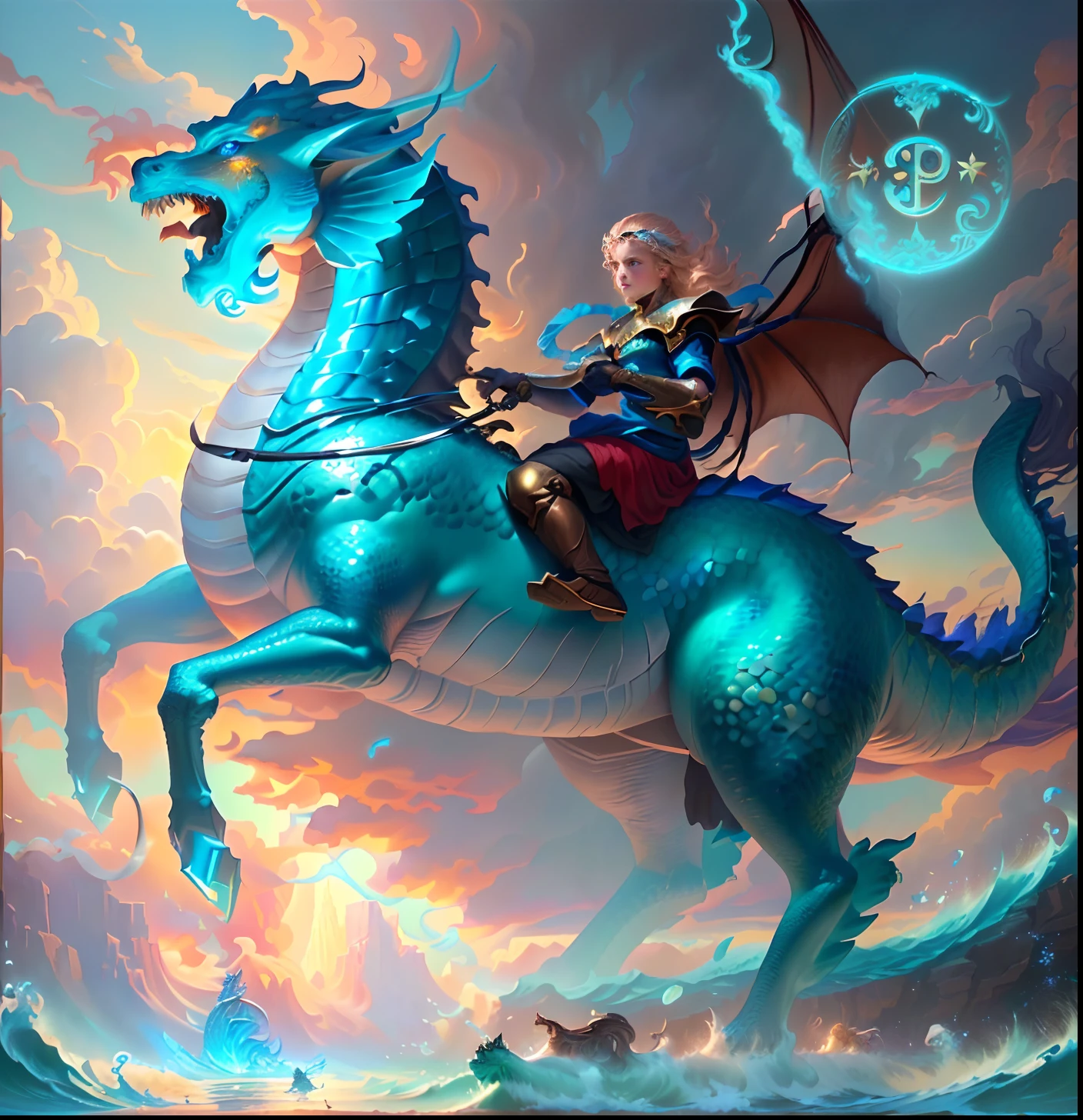 Close-up of a child on a dragon riding a wave, Dragon Rider, Dragon Ride, epic fantasy digital art style, epic fantasy art style, digital painting greek mythology, Epic Fantasy Illustration, Rob Ray, detailed cover artwork, Merfolk riding water horse, Jesus rides a dragon, Realistic fantasy drawings, by Yang J, Children's Art in Artstation