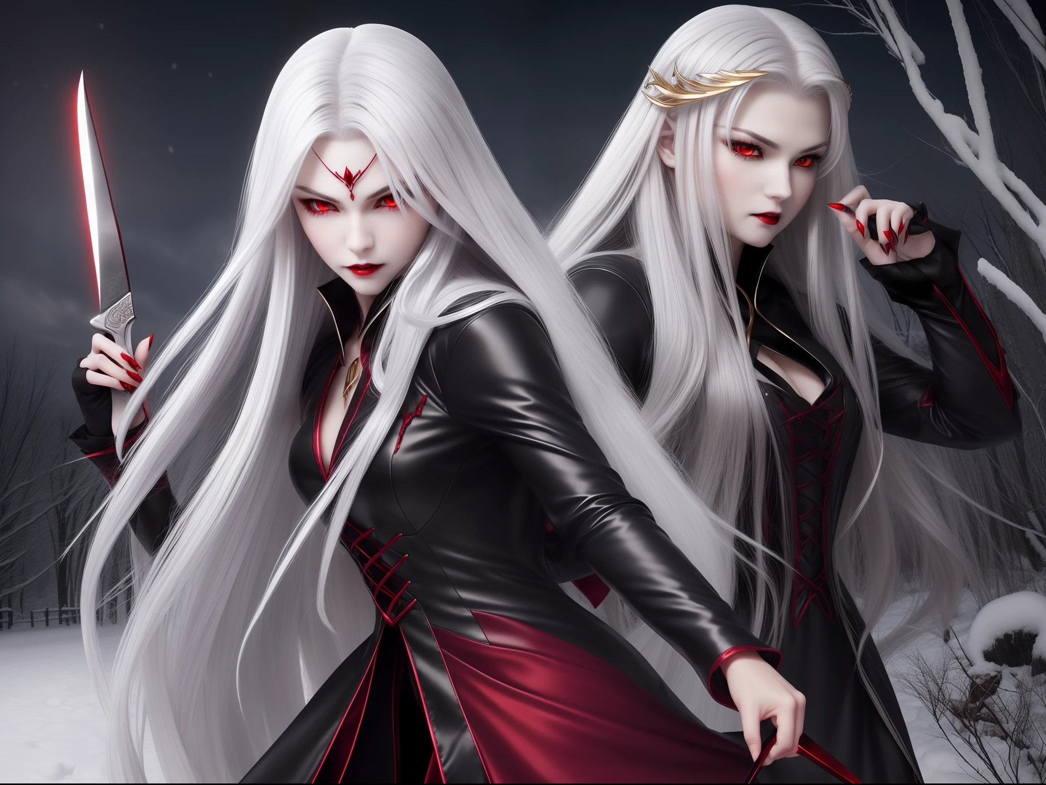 (Vampire、(Fair skin)、(Snow-white skin)、Silver hair long hair、(eyes glowing red)、red pupils、Golden Eyes、ruthless look、Jet black dress、Beautiful figure、Perfect Style)、Knife in left hand