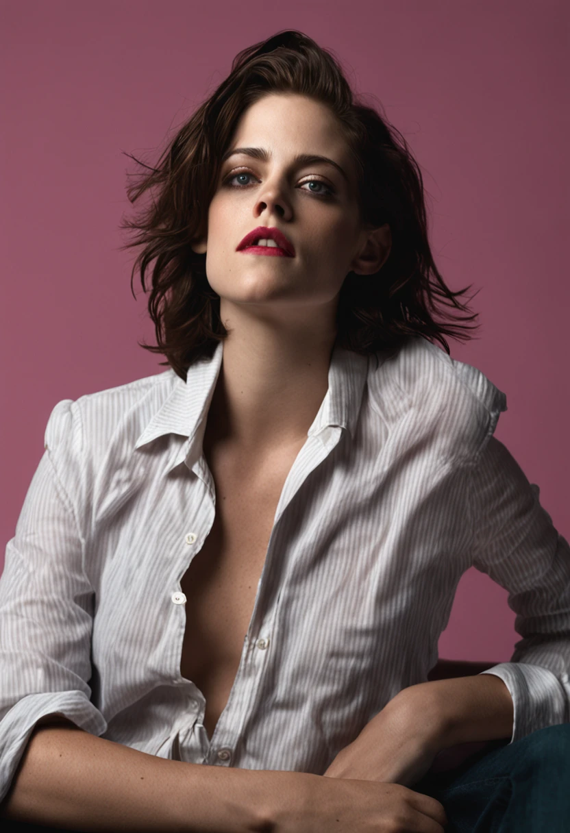 Retrato de corpo inteiro da , Kristen Stewart sentada em uma cadeira, fotografia profissional, Cinematografia Radiante, NSFW, Seios pequenos