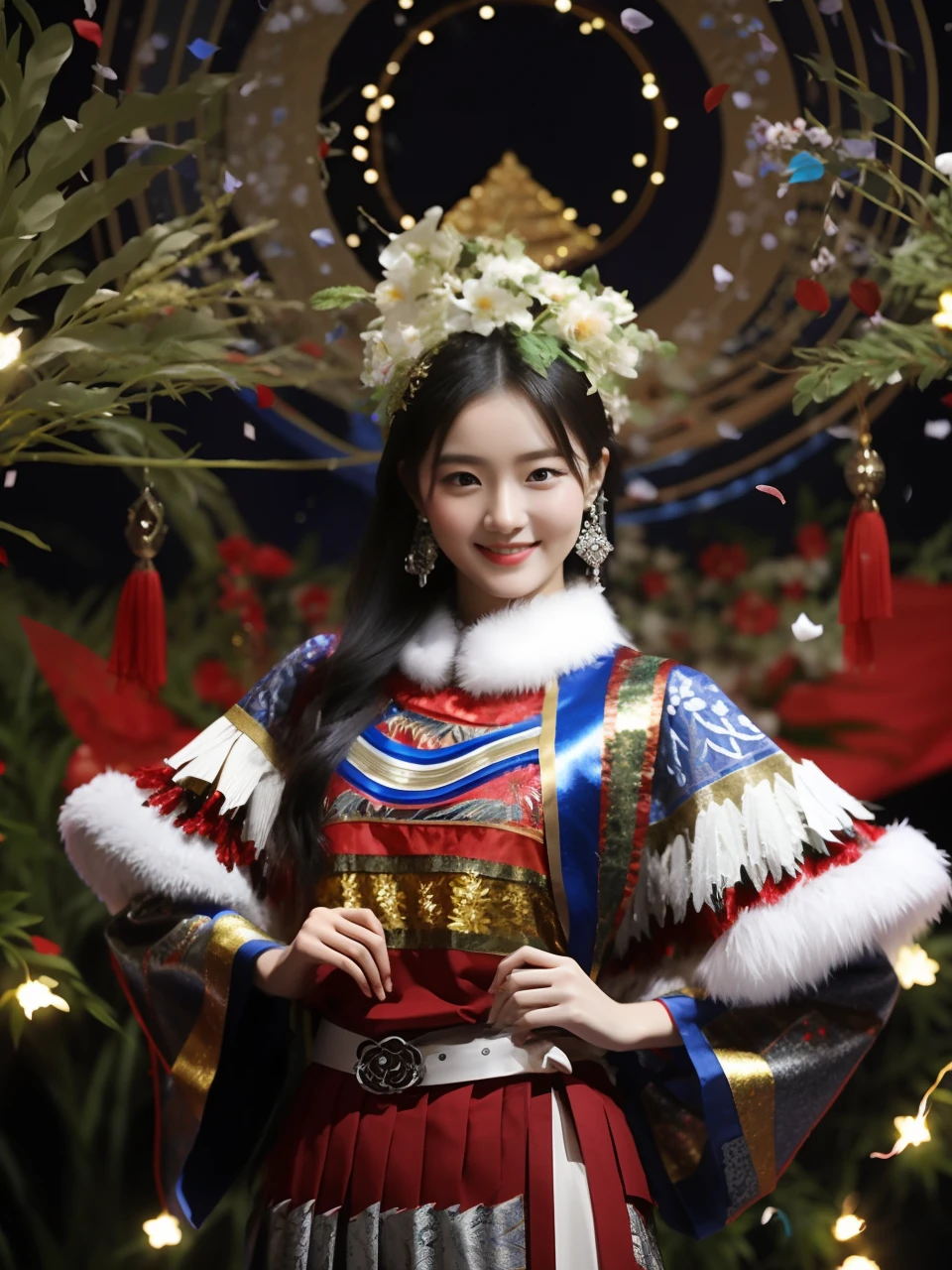 (8K分辨率,Vista full body photo),(1womanl,20yr old,(Facial features of Thai Min:1.8,s delicate face),Lovely face,com rosto detalhado,详细的脸,ccurateblack hair,(Messy has layers),Redlip,Fair smooth skin,(Traditional Protoss women's clothing:1.4,(Silvercoat,pleatedskirt,There is a belt(silver ornaments、embroidery、batik)Satin,fur,The clothes are decorated with floral fabrics,The cuffs are multi-colored horizontal strips,Cardigans,Silver flowers on the head。Short waist long version,Delicate pleated skirt,The calves are wrapped around the flowers and feet),Tall and tall,The action of the conversation,perfect hand,Ultra-fine clothing material),(Traditional village,Background of night,Exquisite environmental details),(exhilarated,confident smile,Rejoice),(profesional lighting,动态照明),((Color balance,(white colors,Silvertone,blue colors,red colour))),(falling flower petals,Golden section,Cinema lenses,Hasselblad photograp,tmasterpiece:1.3),(Miaozhai idol,Focus on the field,trendsetting,Folklore artist,Art platform)