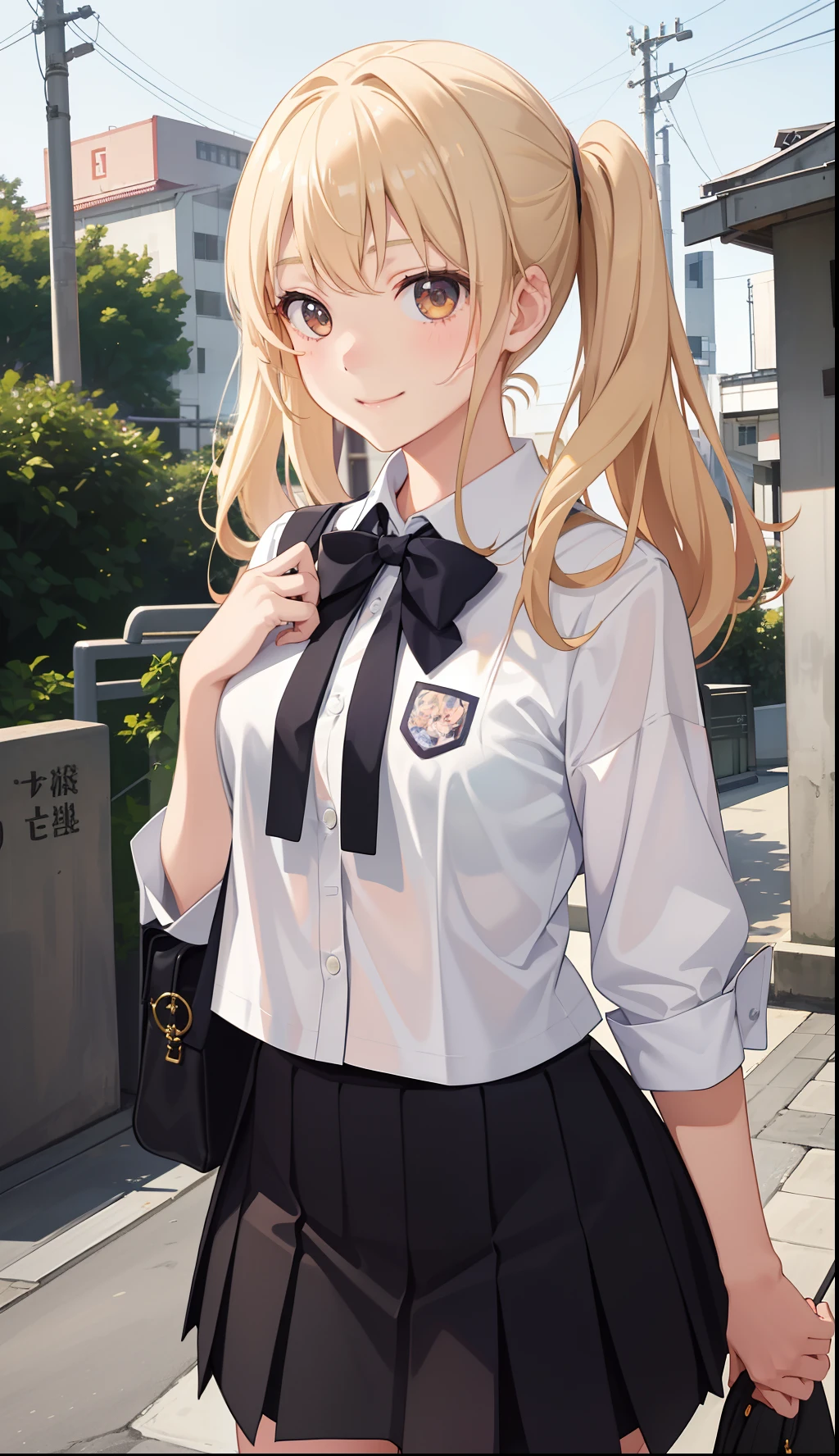 1girl in、A smile、The shirt、skirt by the、(small tits)Chilarism、Japan High School Student Uniform、serafuku、summer clothing、Run briskly、(Sheer Bra)、Upper body portrait、blonde hair、poneyTail、