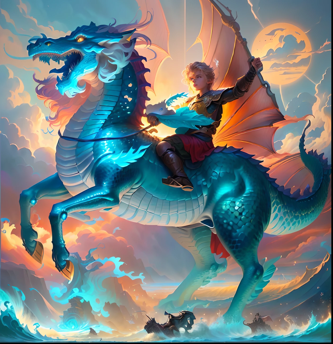 Close-up of a  on a dragon riding a wave, Dragon Rider, Dragon Ride, epic fantasy digital art style, epic fantasy art style, digital painting greek mythology, Epic Fantasy Illustration, Rob Ray, detailed cover artwork, Merfolk riding water horse, Jesus rides a dragon, Realistic fantasy drawings, by Yang J, Children's Art in Artstation