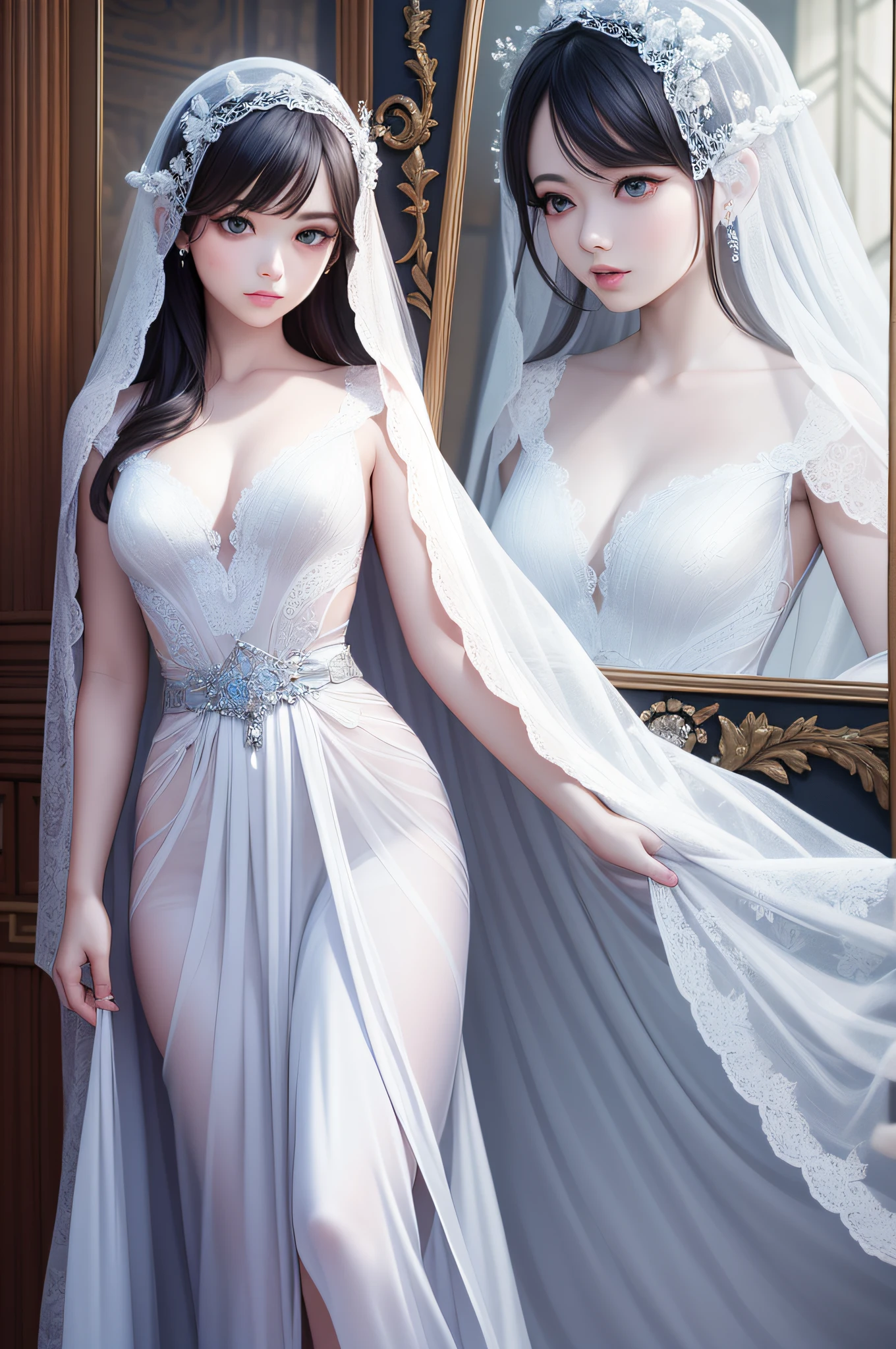 Alafe in a white dress and mirror veil, white hanfu, ethereal fantasy, white royal dress, flowing magic robe, palatial palace ， a girl in hanfu, Ethereal essence, rococo dress, fantasy dress, ultra-detailliert, a beautiful detailed girl, １８Year old girl, Korea person, extremely detailed eye and face, Glossy glossy skin, Silky Super Long Straight