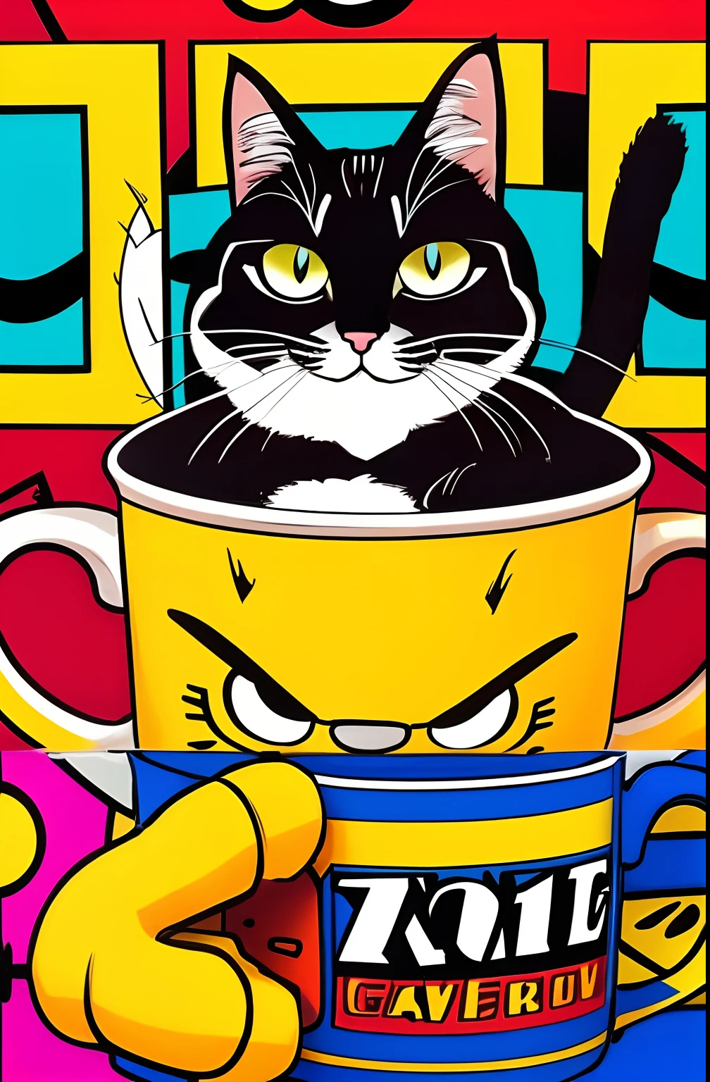 (CAT GARFIELD SAME AS THE ORIGINAL COMIC BOOK SERIES), (WITH ALL THE PHYSICAL DETAILS OF THE ORIGINAL ),BIG HEAD SMILE HAVING A CUP OF COFFEE EDUARDO KOBRA ,Romero Brito,The Filling Twins ,multidimensional geometric wall PORTRAIT, arte, Chibi,
Yang08k, lindo, Colouring,
Primary works, qualidade superior, melhor qualidade, Arte Oficial, Beautiful and Aesthetic, 512K