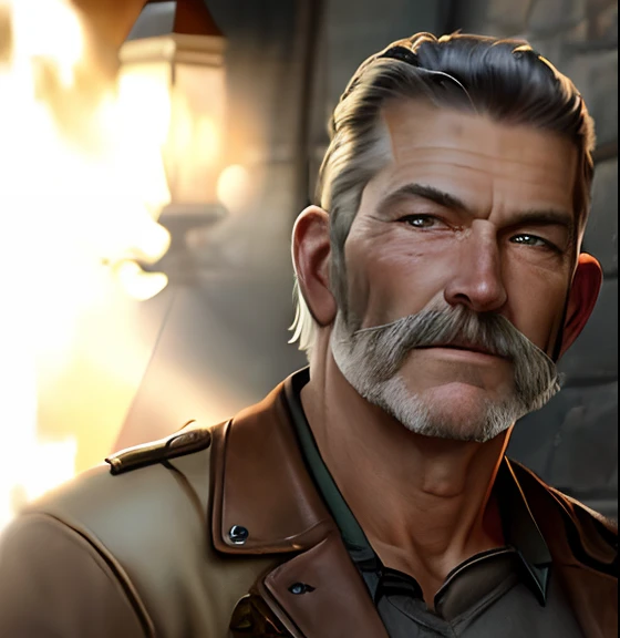 Western gunslinger man age 50 years tall in hunter costume reminiscent of John Wayne