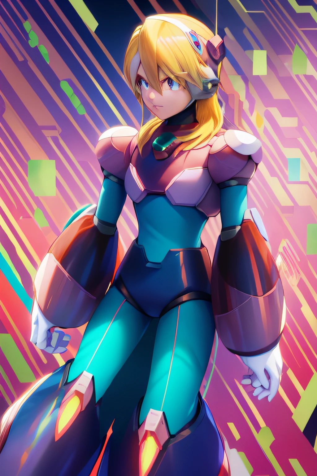 x_megamanx, solo, 1boy, male focus, helmet, android, blue armor, green eyes, masterpiece, high quality, alia_megamanx, 1girl, solo, breasts, blue eyes, blonde hair, android, long hair, robot ears, sitting in chair front of computer, futuristic laboratory, masterpiece, high quality, <lora:Alia_Mega_Man_X_V-09:1