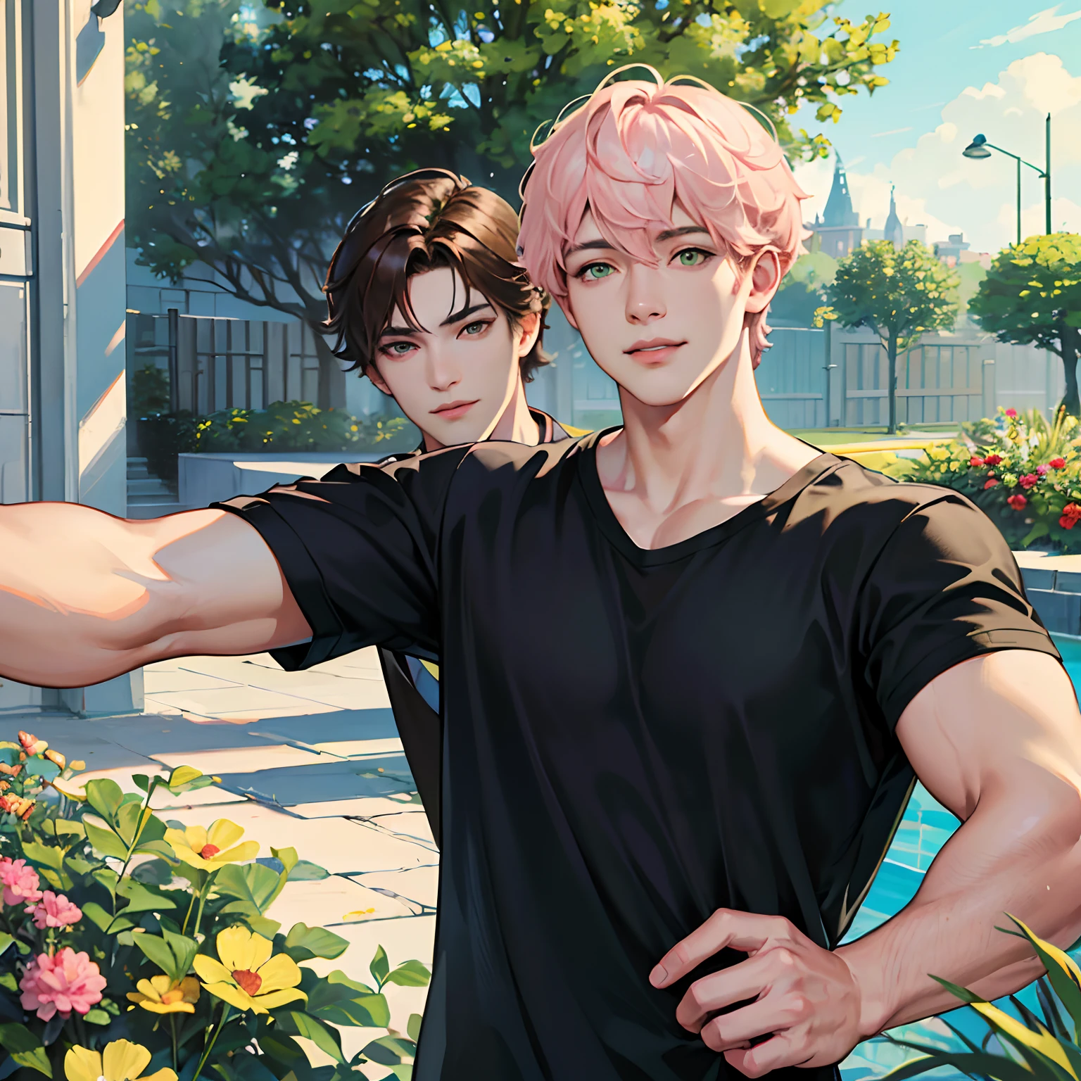 (absurdres, highres, ultra detailed, HDR), masterpiece, best quality, anime boy with brown hair ((Tall boy)) , Anime boy with light pink hair, green eyes, 2 boys, smile, sunshine, garden, handsome, short hair, villa, looking at viewer, detailed face, ( black shirt ),(Yellow Shirt) cool boys, cold male, 8K, Best Quality, Masterpiece, Ultra High Resolution, (Realism: 1.4), Original Photo, (Realistic Skin Texture: 1.3), (Film Grain: 1.3), (Selfie Angle), best friend,Friendship, slim masculine.