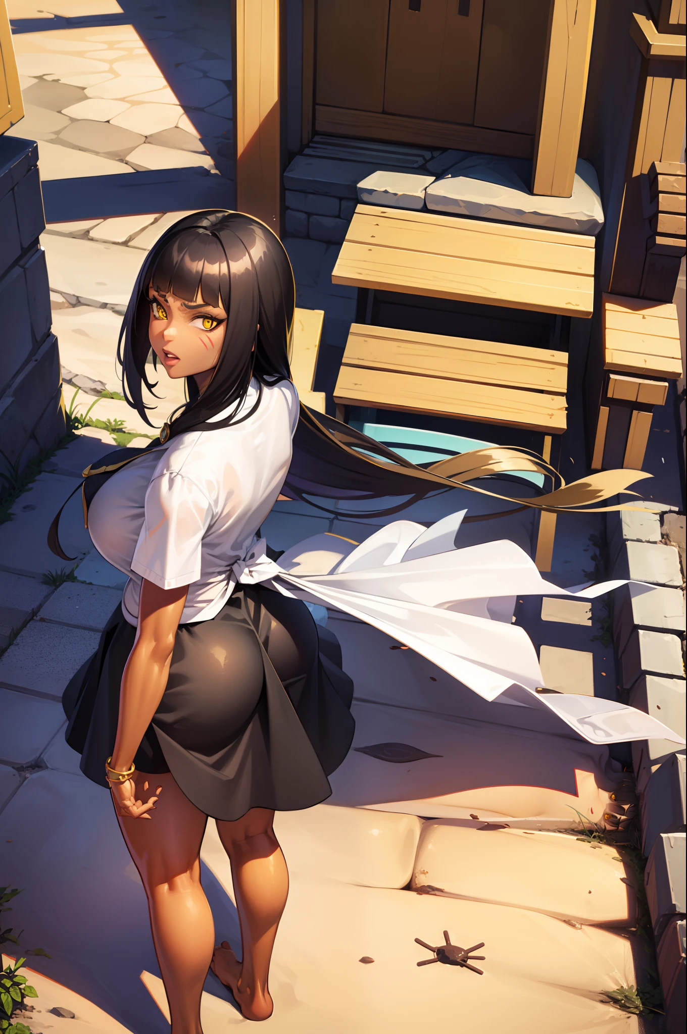 1girl, adjusting clothes, street, crowd, white shirt, from behind, ass, skirt tug, microskirt,, masterpiece, best quality, highly detailed, legend of queen opala, 1girl, osira (character), black hair, darkskinned female, yellow eyes, blunt bangs, big breasts, amused expression, looking at viewer