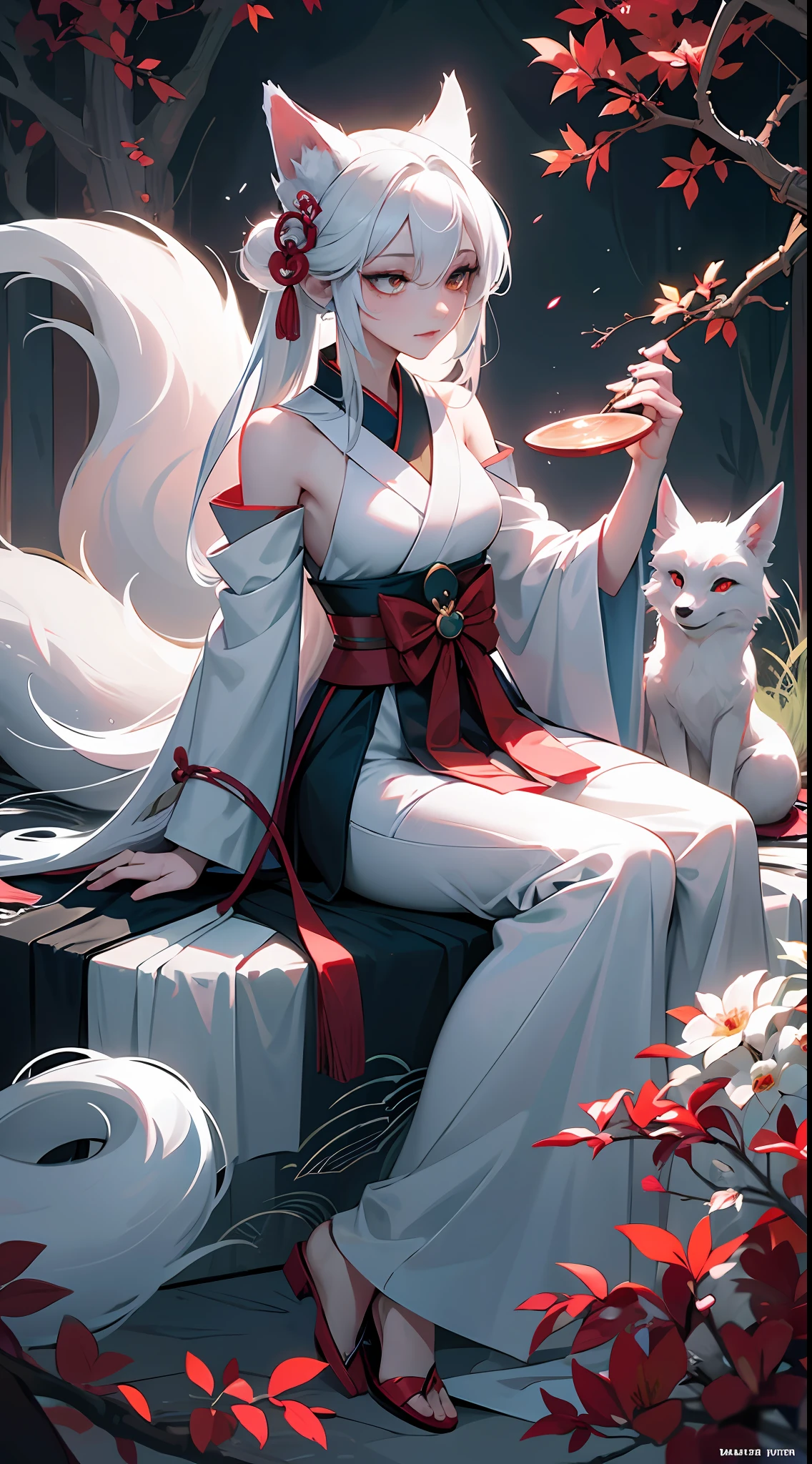 Drawing of a fox with white hair sitting on a branch, ethereal fox, nine-tailed fox, fox three-tailed fox, onmyoji detailed art, nine-tailed, beautiful artwork illustration, mythological creature, fox, beautiful Digital artwork, exquisite digital illustrations, mizutsune, inspired by mythical creatures Wildnet, digital art on pixiv, strong light, high contrast, horror movie theme, dark atmosphere