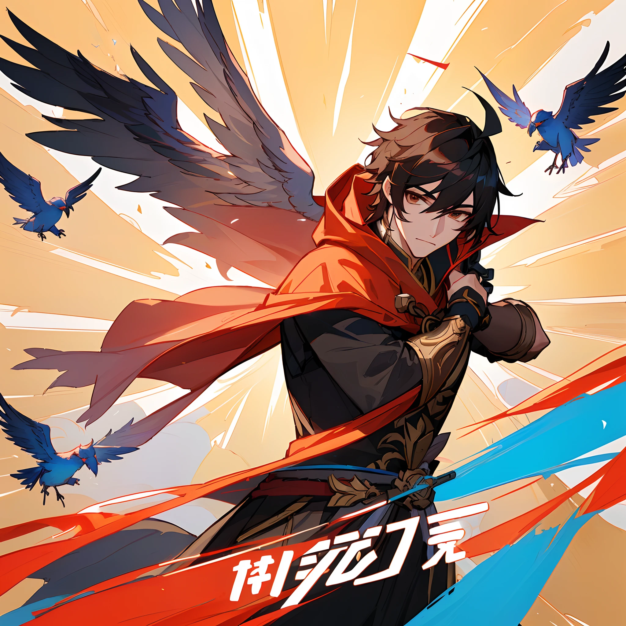 a drawing of a man with a red cape and a bird on his shoulder, Bian Lian, Sylas, inspirado por Huang Shen, inspirado por Dai Jin, inspirado em Bian Shoumin, Keqing por Genshin Impact, De Overwatch, Rakan, Impacto Genshin, de League of Legends, Fanart de alta qualidade, official fan art, Como um personagem de Overwatch