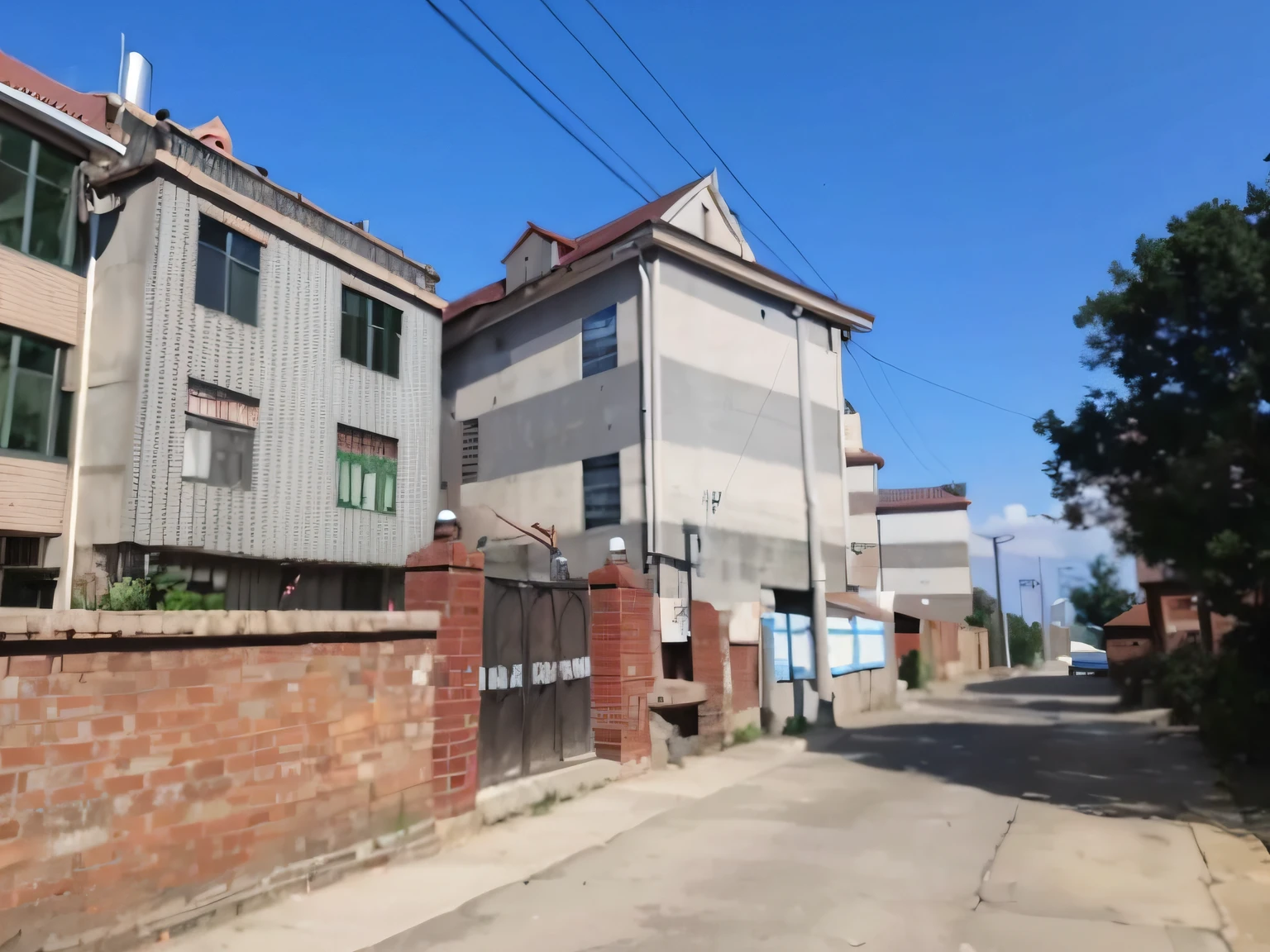 There is a brick-walled asphalt street and a building with a red roof, allure, full building, external view, building facing, factory, introduction factory photo, Front view, Street view, up front view, residential area, Office building, prison complex, central image, 4 0 9 6, Beautiful image, full - view, Detailed picture