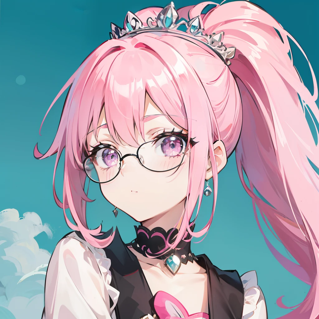 Pink hair，high ponytails，Wear black thick-rimmed glasses，She is a queen-like royal sister，But still lovely，Wear a princess dress that matches pink and white