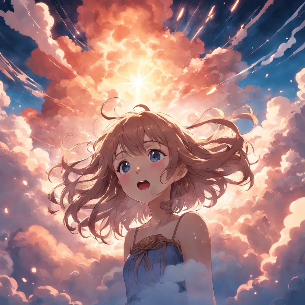masterpiece, best quality, movie still, 1girl, cloud girl, floating in the sky, close-up, bright, happy, warm soft lighting, sunset, (sparks:0.7)