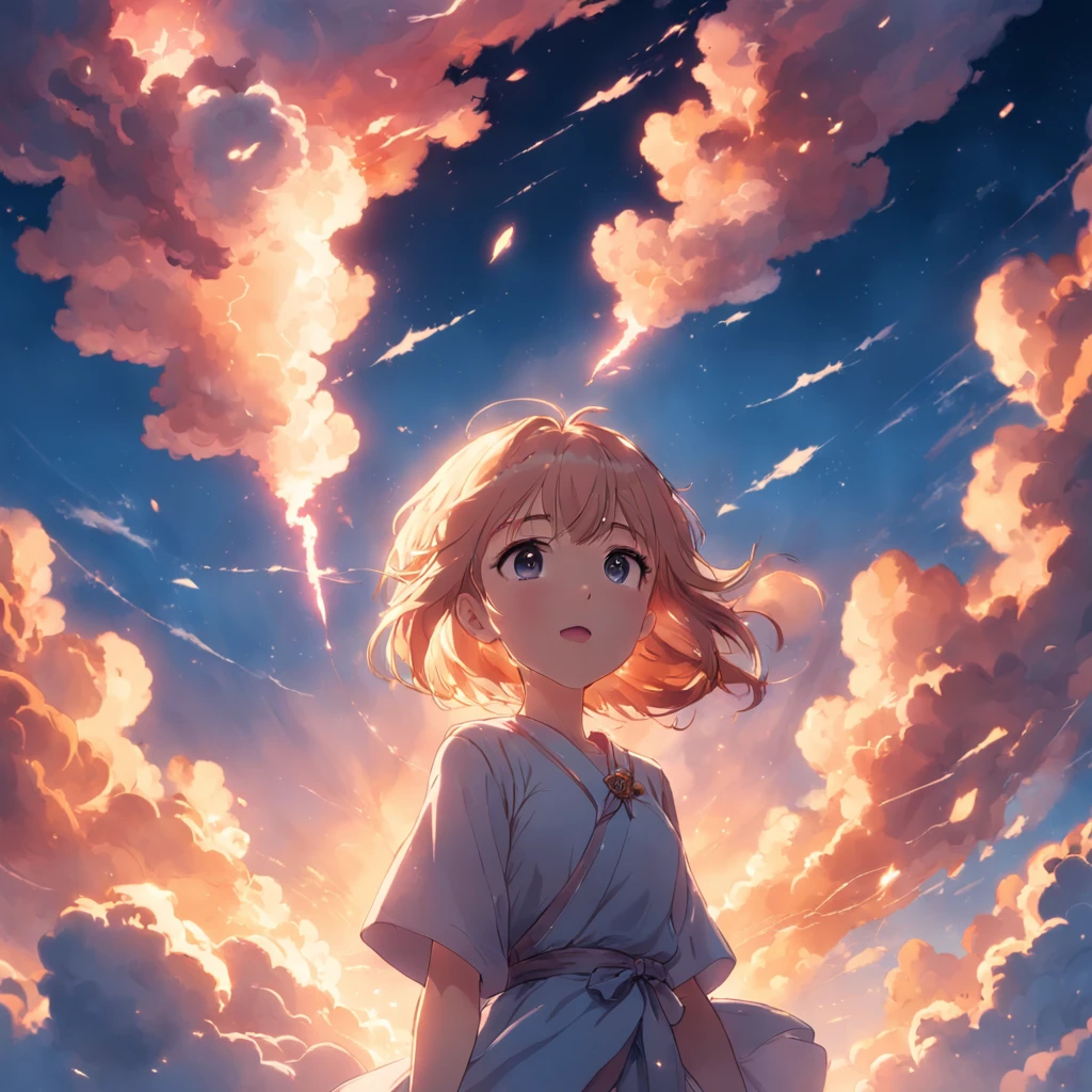 masterpiece, best quality, movie still, 1girl, cloud girl, floating in the sky, close-up, bright, happy, warm soft lighting, sunset, (sparks:0.7)