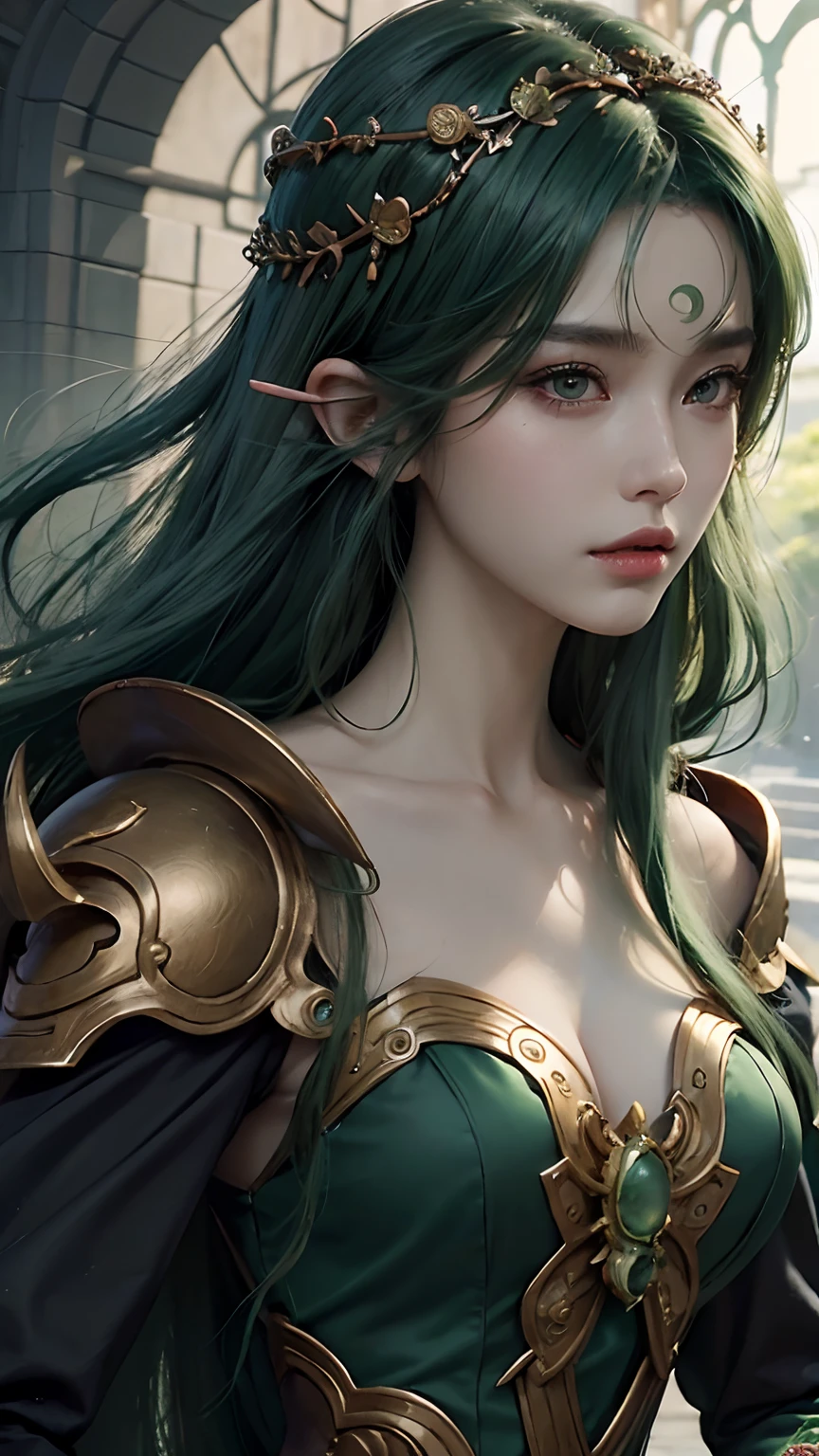 Best quality, Masterpiece, Detailed, Long dress, Green-haired woman, Holding a sword, Artgerm inspired, pixiv contest winner, octopus goddess, berserk art style, Close-up portrait, Goddess skull, senna from league of legends, Green curly tatsumaki ...