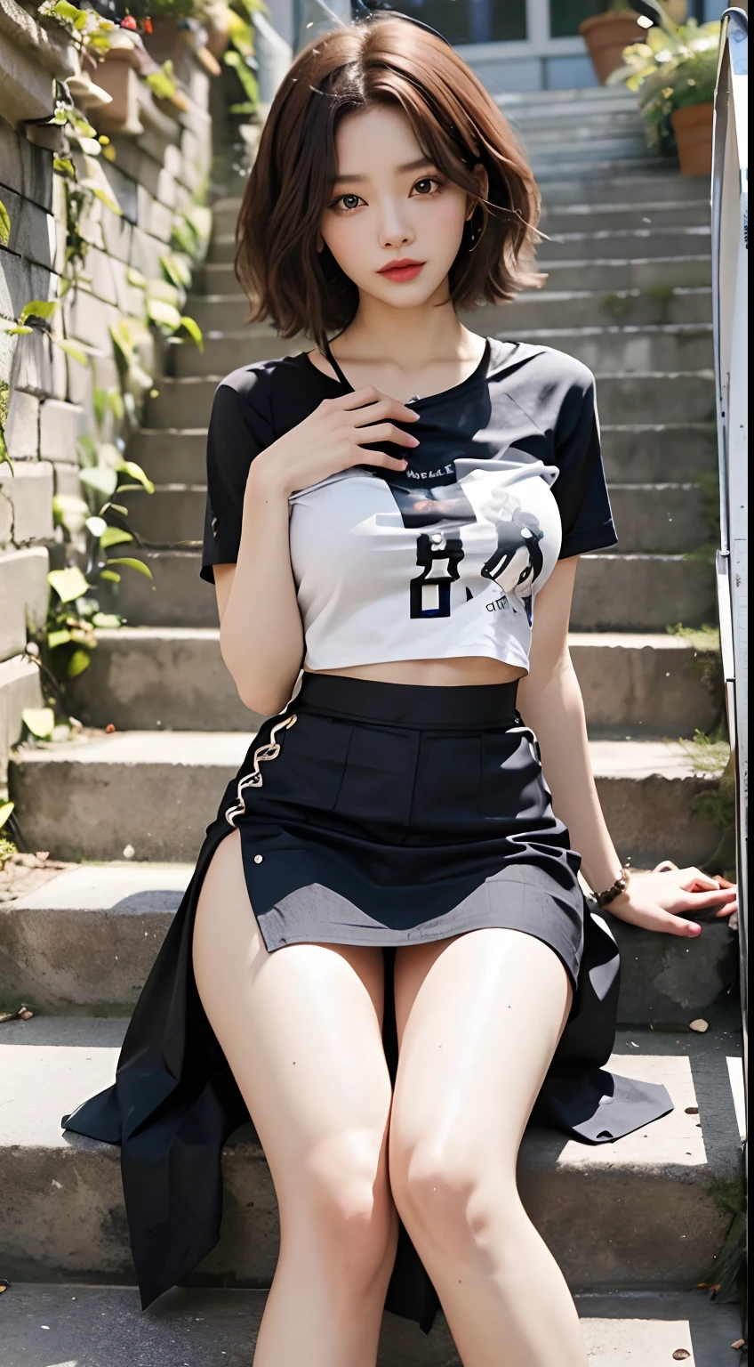 Top image quality、8K、((A detailed face))、gal girl, Single, the best quality t, full body Esbian, Beautiful fece, Pretty, mischievous look、Provocative facial expressions, Breasts are big,short-colored hair,Tight shirt、skirt by the、are visible、Emphasis on the buttocks、Sexy buttocks、sit on stairs