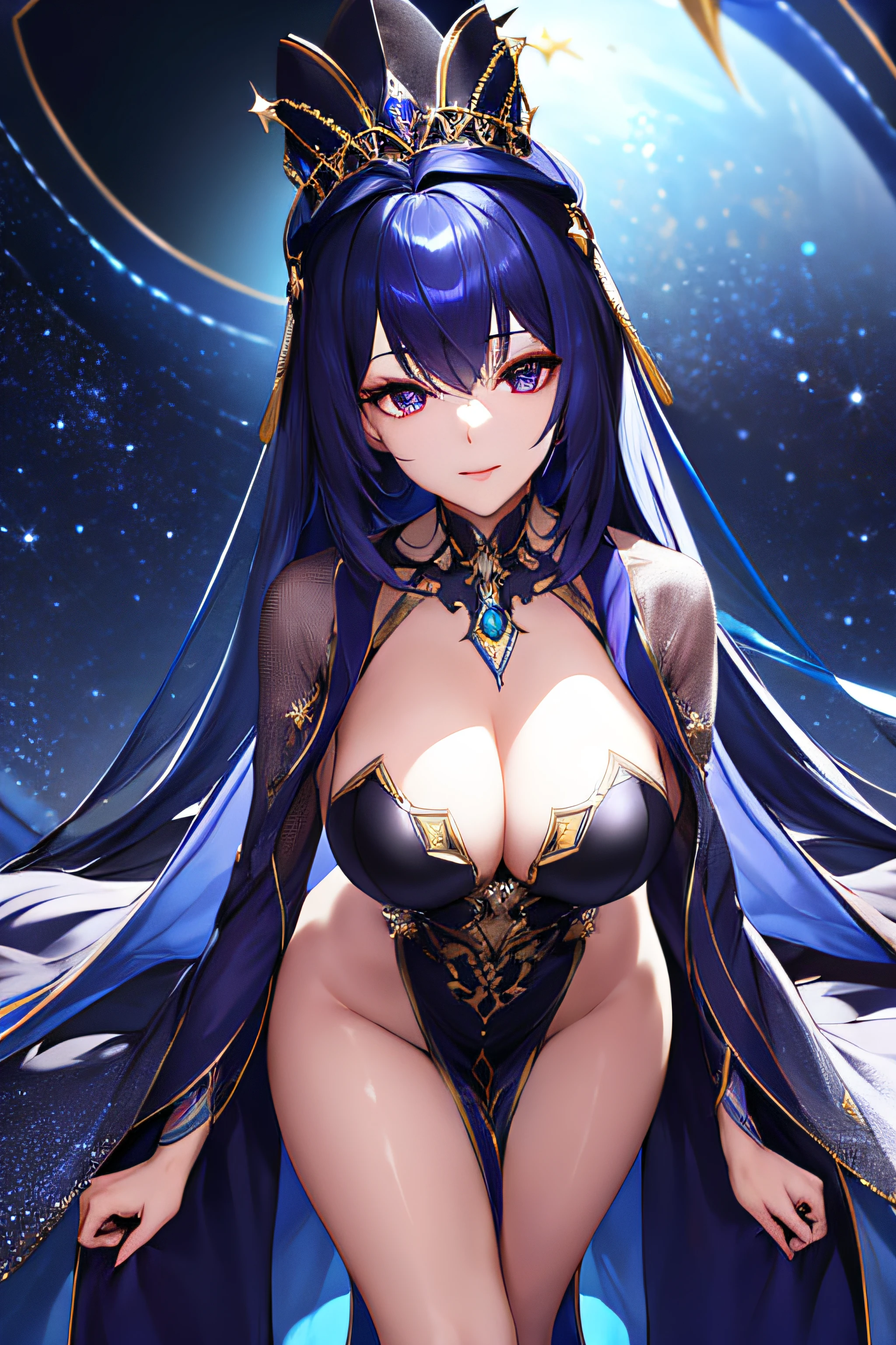 a girl stands out with a height of around 175 cm, elegant appearance. Her figure is elegant noble and slender. Using elegant noble dark blue galaxy dress. Her hair is long, a deep shade of purple like the profound night, often left flowing in the gentle breeze with fantasy hat. Her eyes shine with a mesmerizing blue color, giving her a mysterious and captivating look, galaxy ornament, lice \(nikke\), (masterpiece:1.4), (best quality:1.4), (shiny skin), realistic