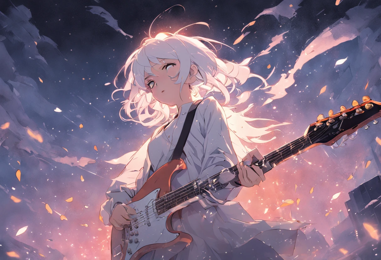 mujer blanca, pelo blanco, joven, guitarra electrica, luna, ciudad