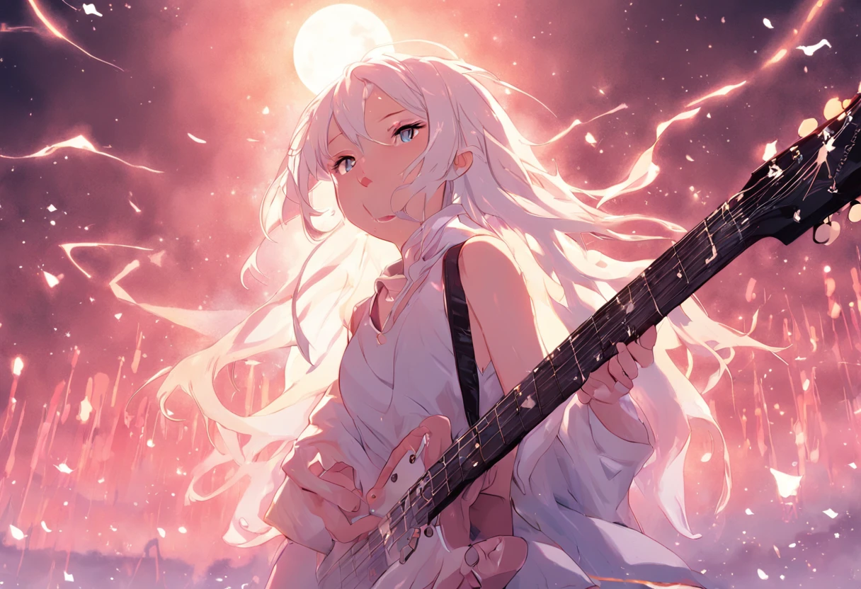 mujer blanca, pelo blanco, joven, guitarra electrica, luna, ciudad