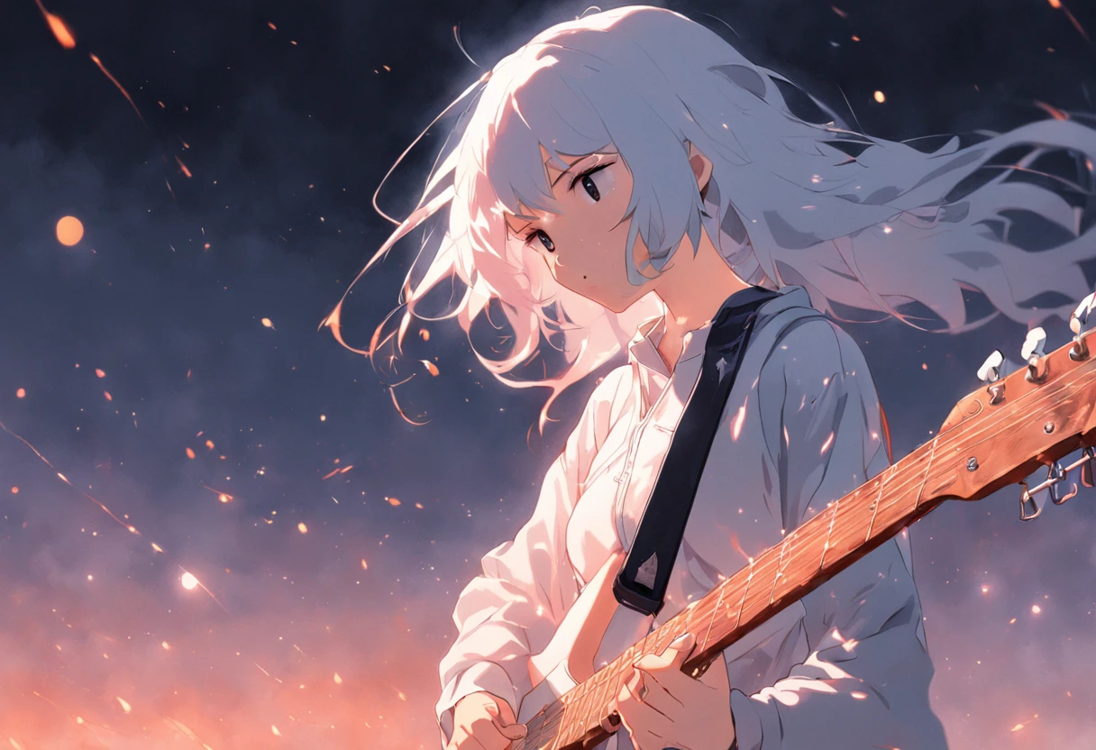 mujer blanca, pelo blanco, joven, guitarra electrica, luna, ciudad