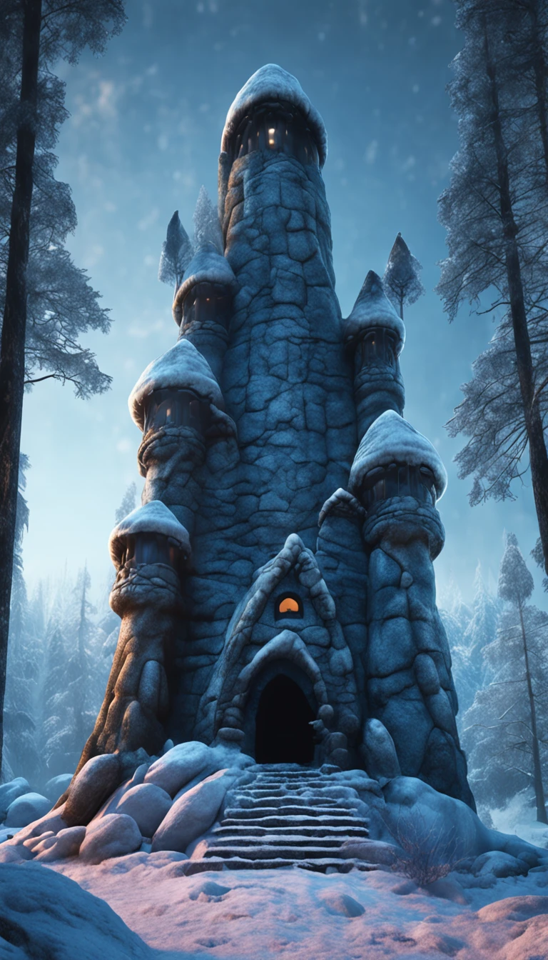 stone tower with dark door, surrounded by a frozen taiga forest, blue mushrooms on the ground, cinematic shot, high detail, cinematographic lighting, 4k, photo, digital art, fantasy style