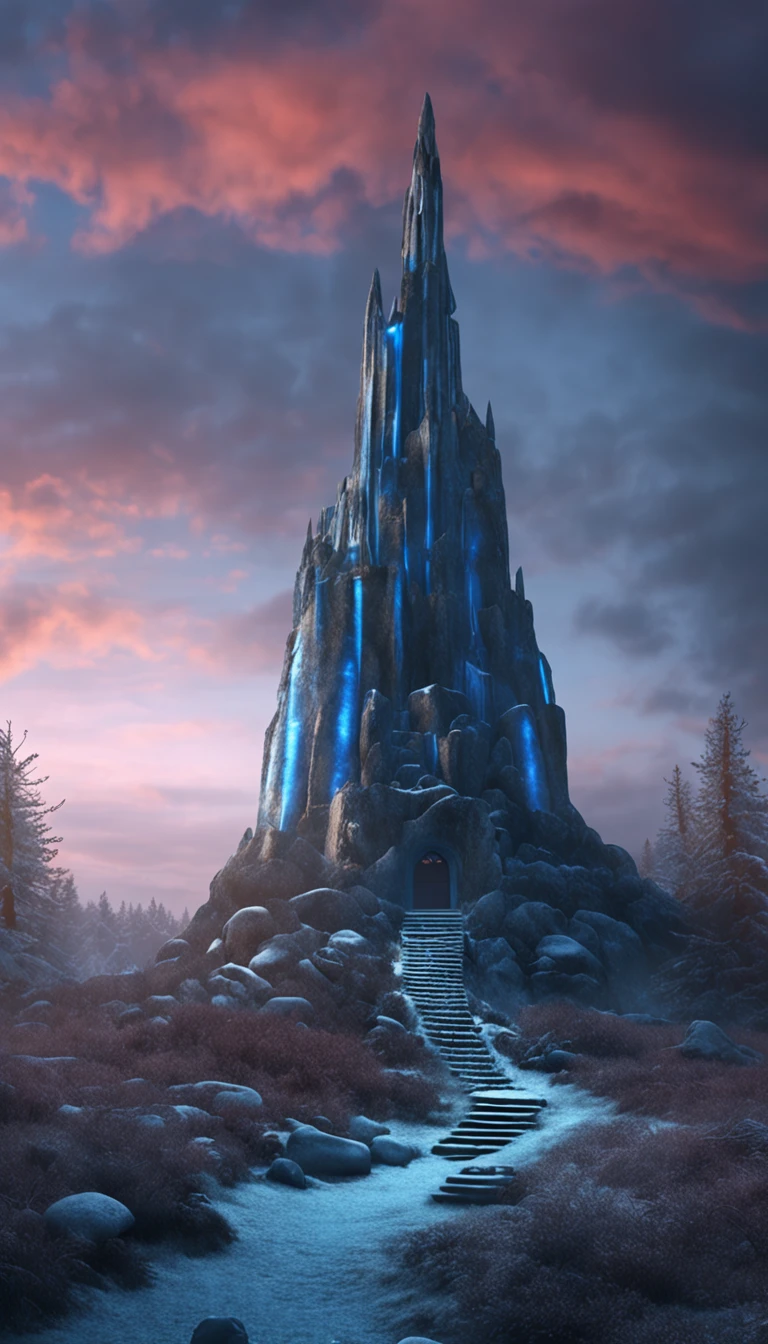 stone tower with dark door, surrounded by a frozen taiga forest, blue mushrooms on the ground, cinematic shot, high detail, cinematographic lighting, 4k, photo, digital art, fantasy style