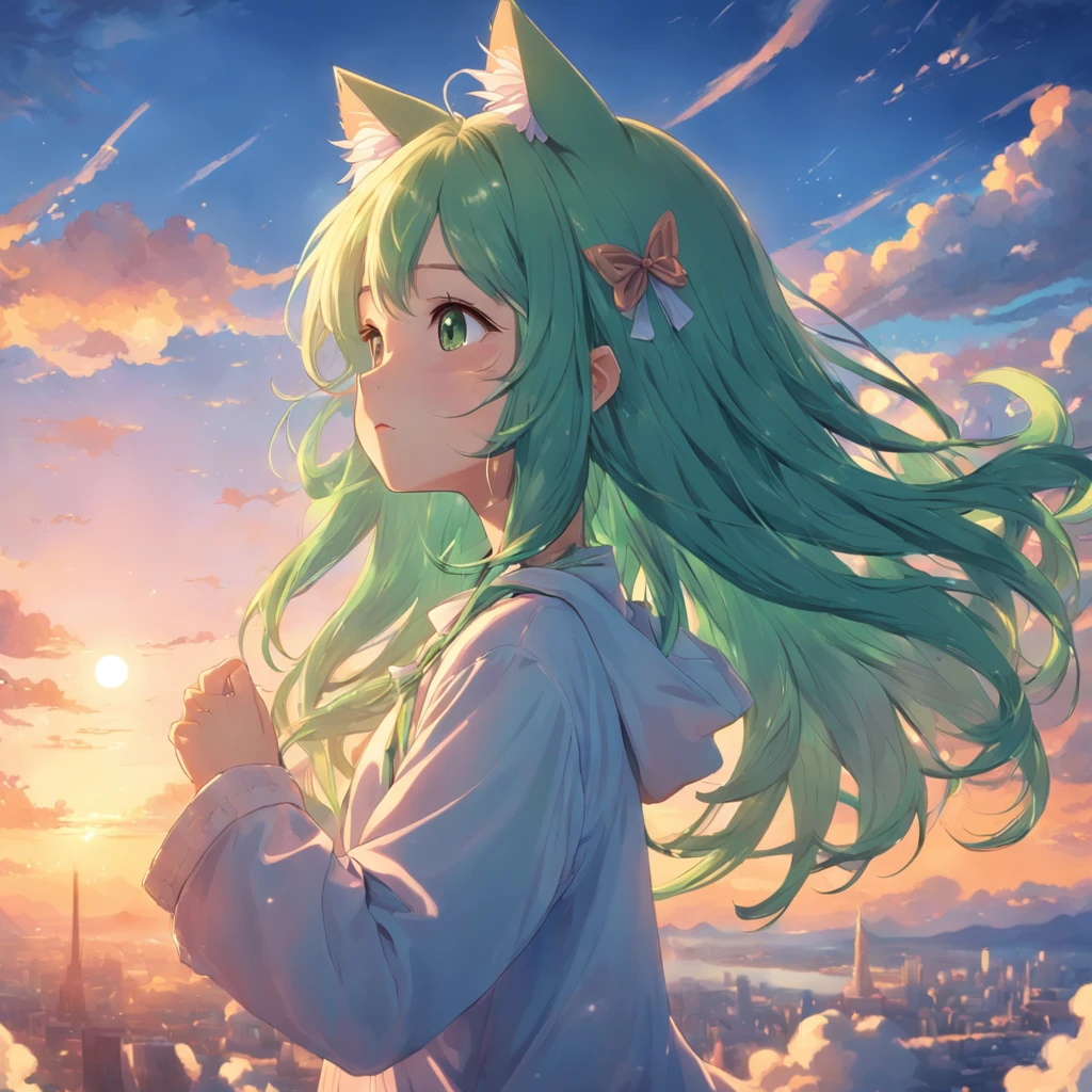 masterpiece、top-quality、Movie stills、1girl in、Cloud Girl、Cat's ears、full bodyesbian、green long hair、model shot、floating in sky、a closeup、发光、Happiness、Colorful colors、Warm and soft lighting、the setting sun、(Spark:0.7)