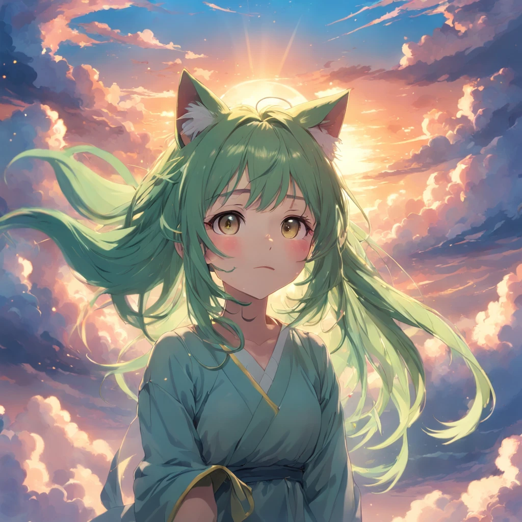masterpiece、top-quality、Movie stills、1girl in、Cloud Girl、Cat's ears、full bodyesbian、green long hair、model shot、floating in sky、a closeup、发光、Happiness、Colorful colors、Warm and soft lighting、the setting sun、(Spark:0.7)
