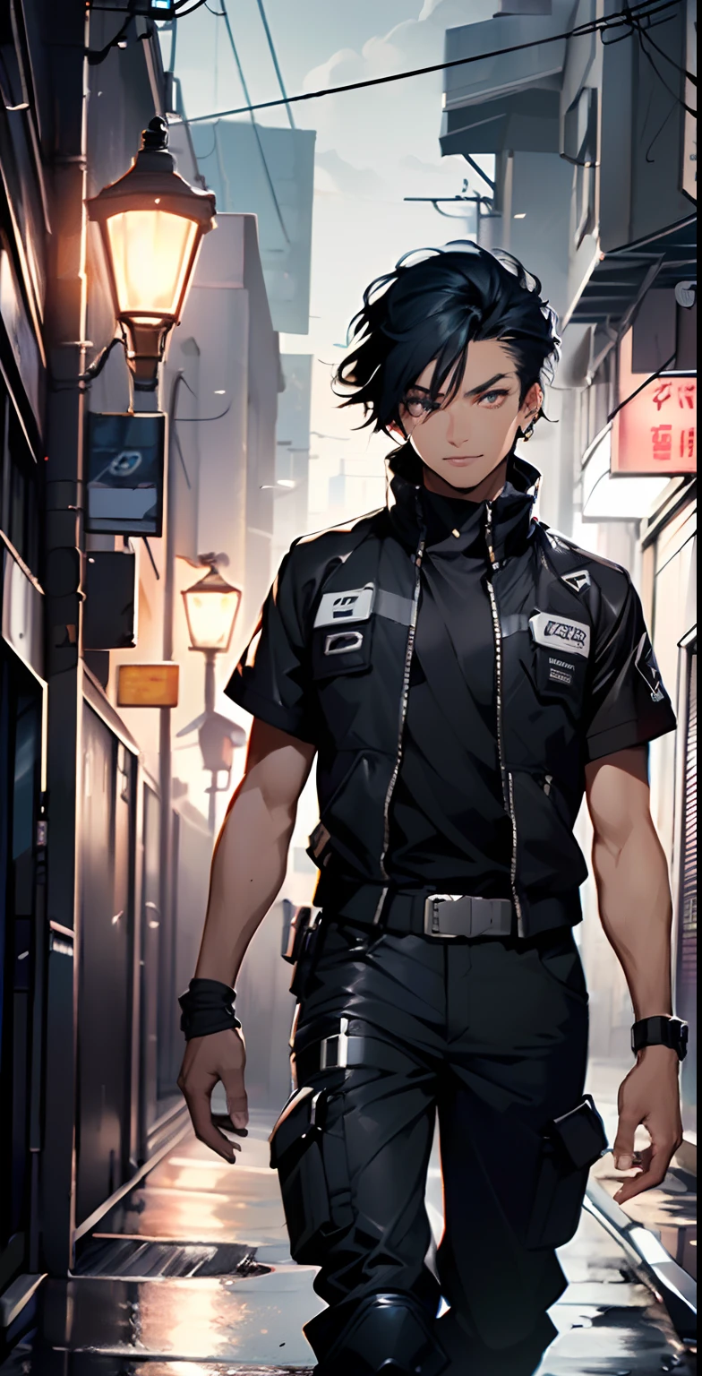 bounty hunter man,(((1man))),((anime man walking down the street)),
(((1male,man,handsome man,male,male gender,male focus))),
((medium black hair,disheveled hair,blue hair,black hair,two-tone hair)),(((lustrous skin:1.5,tanned skin,bright skin: 1.5,skin tanned,shiny skin,very shiny skin,shiny body))),((detailed eyes,perfect eyes,rainbow glows ultra-detailed orange brown eyes:1.1,gradient eyes:1,finely detailed beautiful eyes:1,symmetrical eyes:1,big highlight on eyes:1.2)),man chest,handsome face,((muscular,hairy body,muscular man)),((hand consists of a short thumb and four fingers,a hand with only five fingers,(detailed face))),
alluring look,nsfw,
bounty hunter pants,((bulge in pants)),((bounty hunter outfit)),(wearing a bounty hunter outfit:1.3,bounty hunter clothes),(detailed outfit,detailed clothes),
(dynamic pose:1.0),solo focus,((evil smile,evil look)),centered,scale to fit dimensions,Rule of thirds,
outdoors,((night view)),(cyberpunk night street Background: 1.5,dark sky,alleyway,lonely alley,thick clouds,detailed background:1.25),
(best quality),(high resolution),(sharp focus),(ultra detailed),(extremely detailed),(extremely high quality artwork),8k_wallpaper,(extremely detailed CG 8k),(very fine 8K CG),((hyper super ultra detailed perfect piece)),flawless,(((masterpiece))),illustration,vibrant colors,(intricate),High contrast,Selective lighting,Double exposure,HDR (High Dynamic Range),Post-processing,Background blur,