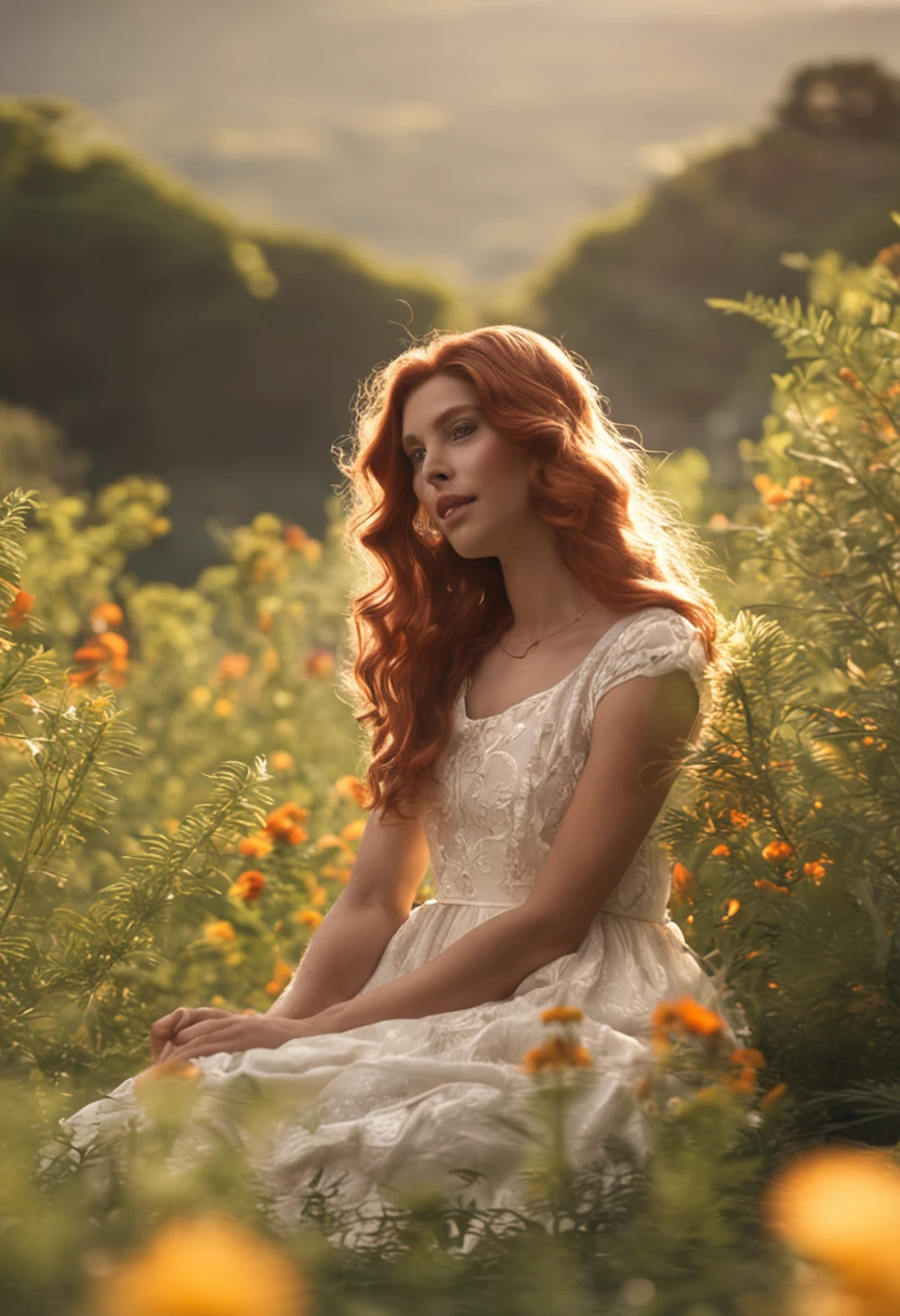 (tmasterpiece,Mejor calidad),joselinroja , Animar,1 girl with long red hair sitting in a field of greenery and flowers,su mano debajo de la barbilla,warmly lit,vestidos blancos,primer plano borroso