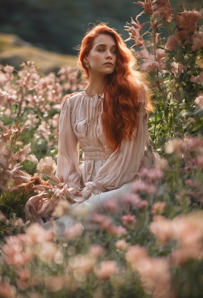 （tmasterpiece，Mejor calidad），joselinroja , Animar，1 girl with long red hair sitting in a field of greenery and flowers，su mano debajo de la barbilla，warmly lit，vestidos blancos，primer plano borroso