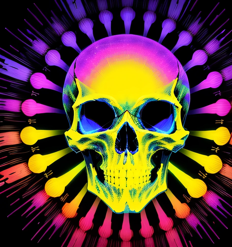 Colorful skull pattern with stars and black background, SKULLS AROUND, alien skull, skulls, morphing skulls, skulls and skeletons, Sacred skull, skull liminal void background, psychedelic aesthetic, ultraviolet and neon colors, psychedelic black light, skeleton face, trippy colors, blacklight aesthetic, bright psychedelic color, trippy vibrant colors, colorfully ominous background