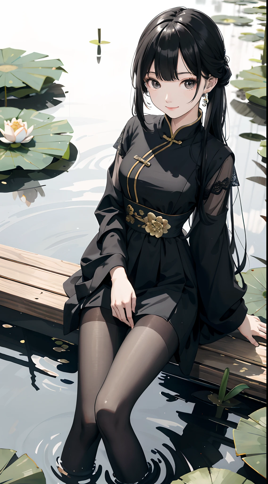 hoang lap,8K high resolution,ultra - detailed,(1girll:1.3),handpainted,Simple lines,16 year old girl in black Chinese dress,beuaty girl,In the lotus pond,tmasterpiece,Sit on a plank floating in the water,Floating hair,black pantyhoses,black pantyhoses,looking toward the viewer,ssmile,posed for photo