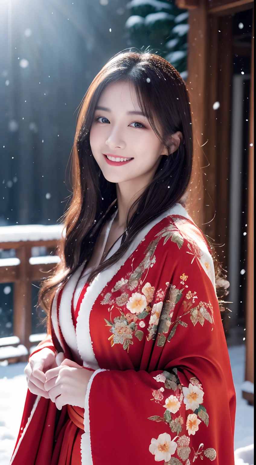 (Photorealsitic), (Top image quality), (超A high resolution), 8K, RAW photography, (tmasterpiece),  (From head to calf:1.5)、(best quality detail)，1girll、The ultra-detailliert、High quality textures、intricately details、Very detailed CG、High quality shadows，depth of fields、Ray traching,joy，Sit down，Cute, Slender, (Red gorgeous kimono),(Plush cape)，(Beautiful floral kimono),Real hair, Ultra-realistic skin texture, Dynamic posture,(Shallow smile),Japanese Garden,(Heavy snow，Cover with snow，snow cover，Outdoors)，