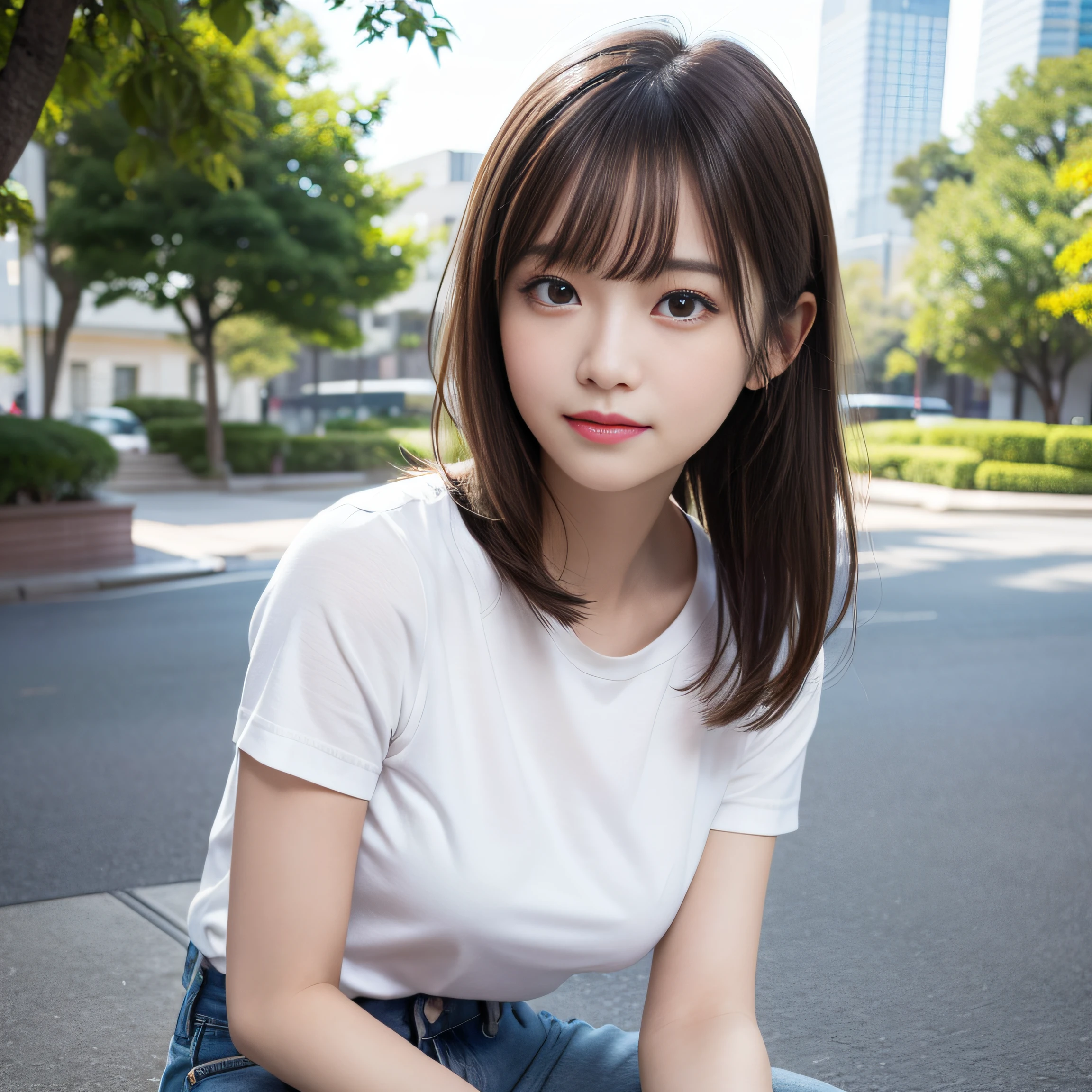 in 8K,Best Quality:1.4, 超A high resolution:1.5, (Photorealistic:1.4),masterpiece:1.2,(top-quality:1.4)、 Raw photo、 (From the knee up:1.6, From Side), (the background is blurred), a park,FULL BODYSHOT:1.4、 1日本人の女の子, Cute, (Solo), (Shy smile), Smooth skin、TThe shirt、Denim shorts、 (Brown medium hair,Bangs), (touch hair:1.4)、nogizaka、cute little、Supple fingertips,Beautiful black eyes、natural skin textures:1.3, realistic eyes and face details:1.7、middlebreasts、Toned buttocks、gazing at viewer、Camera moves backward 3m:1.3、