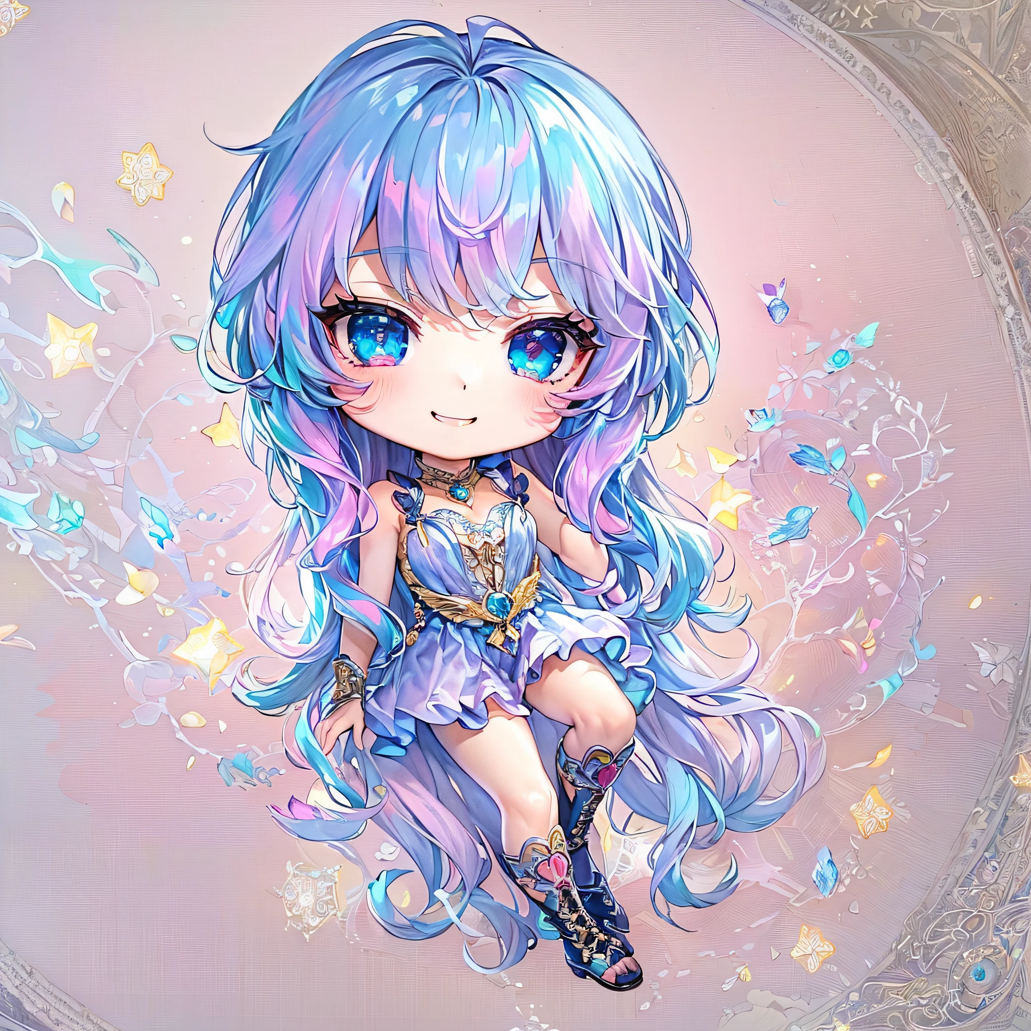 (Chibi:1.5)((masutepiece, of the highest quality, Watercolor art (Pendants), Beautiful and aesthetic: 1.2)), (Golden ratio: 1.2), (Full body: 1.2), (Super Detail: 1.3), (1 girl in: 1.3), (Fractal Art: 1.3), (Glitter Pupil)),(eye glass:1.5) ,(Iridescent hair, Colorful hair, Half light blue and half pink hair: 1.2)), (Heterochromia), (Colorful: 1.5), (((Shy face)), (full body Esbian), (Hyper-detailing), ((delicate detail)), (intricate-detail), ((Cinematic Light, Highest quality backlight)), High contrast, ((The best lighting, Very delicate and beautiful)), (( Cinematic Light)), (ray trace reflection, Glow), (((glowing aura)), ((Glowing hair)), ((Super Detail)), (8K)), ((a closeup)), ((Seductive smile)) ,((FULL BODYSHOT))、(Chibi:1.5)
