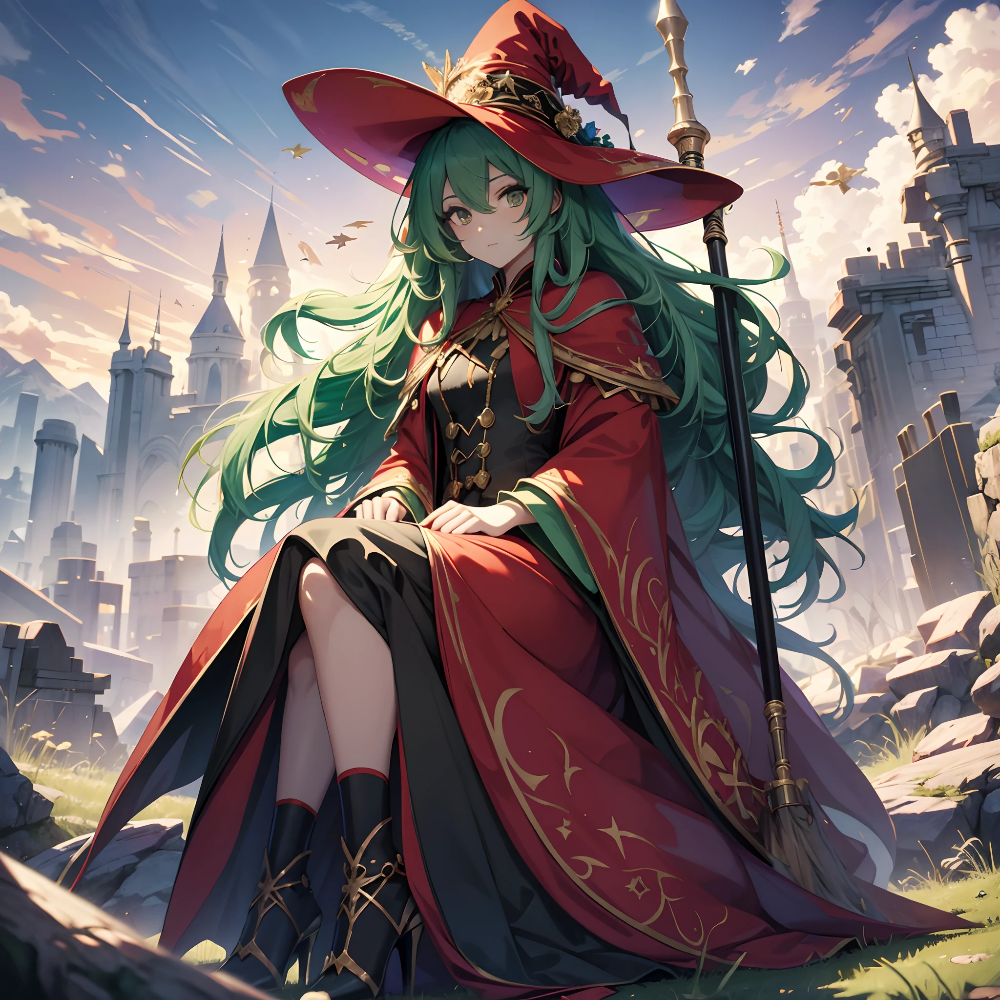 best qualityer,tmasterpiece,Ultimate resolution,downy,Extremely colorful,Colorful,Skysky,hilltop,(Red magic robe long dress),Long flowing green hair,The Witch,a matural female,(red high heel pumps),Sit on a magical broom,flight,Normal posture,Normal posture