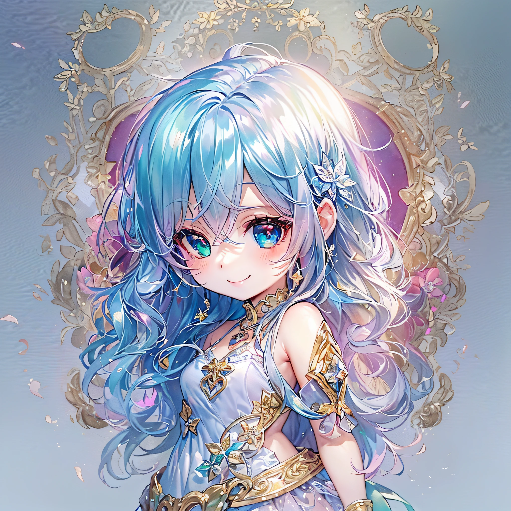 (Chibi:1.5)((masutepiece, of the highest quality, Watercolor art (Pendants), Beautiful and aesthetic: 1.2)), (Golden ratio: 1.2), (Full body: 1.2), (Super Detail: 1.3), (1 girl in: 1.3), (Fractal Art: 1.3), (Glitter Pupil)),(eye glass:1.5) ,(Iridescent hair, Colorful hair, Half light blue and half pink hair: 1.2)), (Heterochromia), (Colorful: 1.5), (((Shy face)), (full body Esbian), (Hyper-detailing), ((delicate detail)), (intricate-detail), ((Cinematic Light, Highest quality backlight)), High contrast, ((The best lighting, Very delicate and beautiful)), (( Cinematic Light)), (ray trace reflection, Glow), (((glowing aura)), ((Glowing hair)), ((Super Detail)), (8K)), ((a closeup)), ((Seductive smile)) ,((FULL BODYSHOT))、(Chibi:1.5)