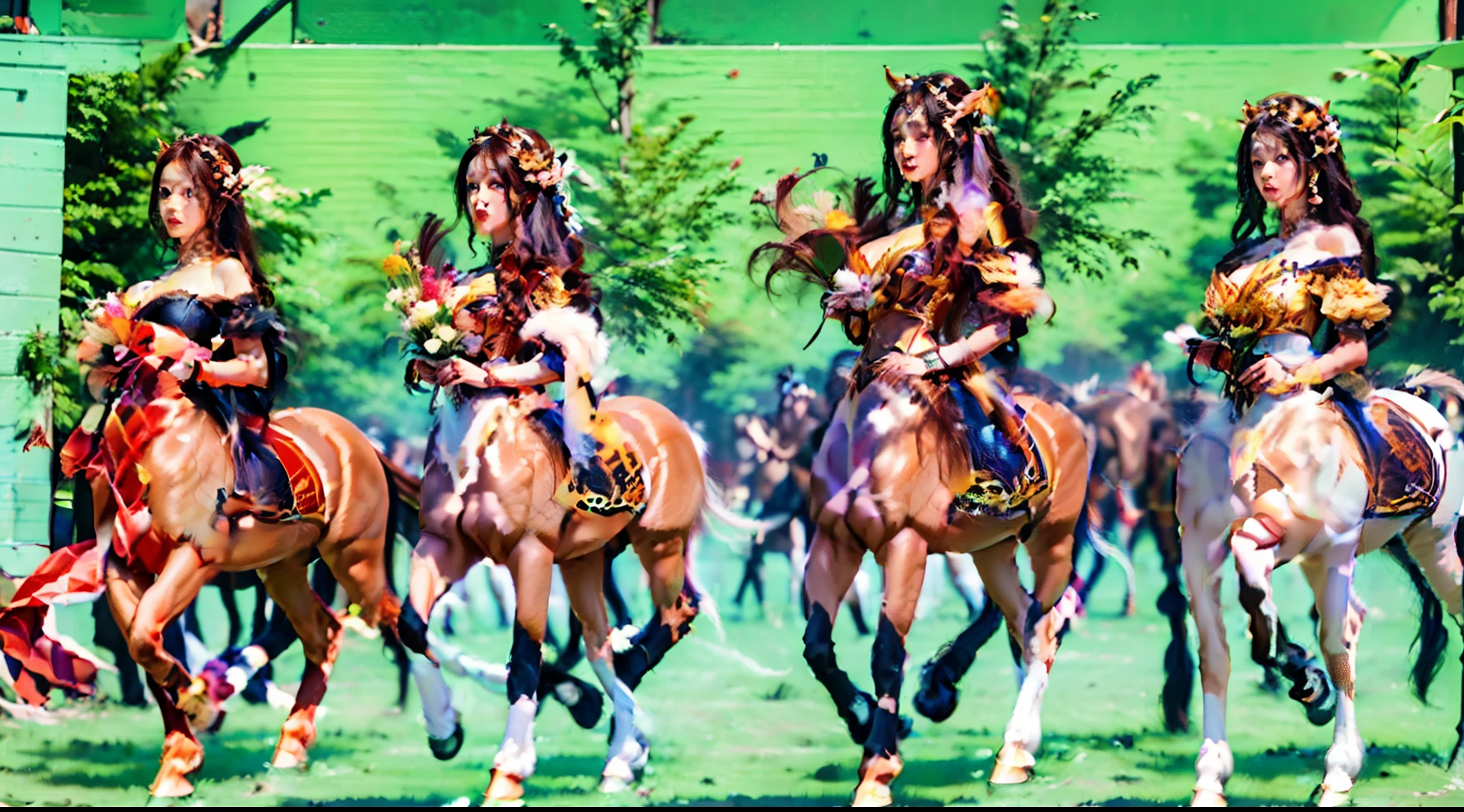 In the beautiful illustration of this super-grand scene,The ultra-distant shot shows eight unique centaur characters,They all have their own characteristics,Vivid and interesting。Radiant angelic centaurs from the heavenly realm,To the hellish centaurs surrounded by nightmarish flames,And then to the Wind Immortal Centaur dancing in the air,There are also one-horned centaurs surrounded by thunder and lightning,and mechanical centaurs that shine with metallic light,And then to the powerful dragon centaur with colored dragon scales covering the whole body,The elegant and agile elf centaur always wears a flower crown with its slender and graceful lines,Enchanting and charming Tiflin centaurs。Each character has their own unique charms and abilities。The illustration uses advanced artistic techniques and tools,Divide the scene into sections by geometric arrangement,Each section corresponds to a centaur character,This makes more efficient use of space。Through Midjourney's advanced brush tools、Color palette、Material packs and model packs,Exquisite costumes and equipment are designed for each centaur,Enhances the character's personality and visual appeal。The scenery in the illustrations is stunning,There are changing skies、rainbowing、extreme light、Stars and Moon。Incorporating iconic landmarks such as Mount Everest,and fireworks、tranquil lake、Natural and urban elements of waves and neon lights,Creates a magical atmosphere。The centaurs showed off their skills and equipment in a variety of environments,This is true even in extreme alien landscapes。Midjourney's tools make depicting details vivid and realistic,From intricate hairstyles and clothing to authentic textures,Enhances the realism of the characters and surroundings。The fusion of multiple art styles adds movement to the centaur's movement at all angles,The overall visual experience is further enriched。The final illustration was described as a "masterpiece",It has the characteristics of "best quality" and "realistic",The d