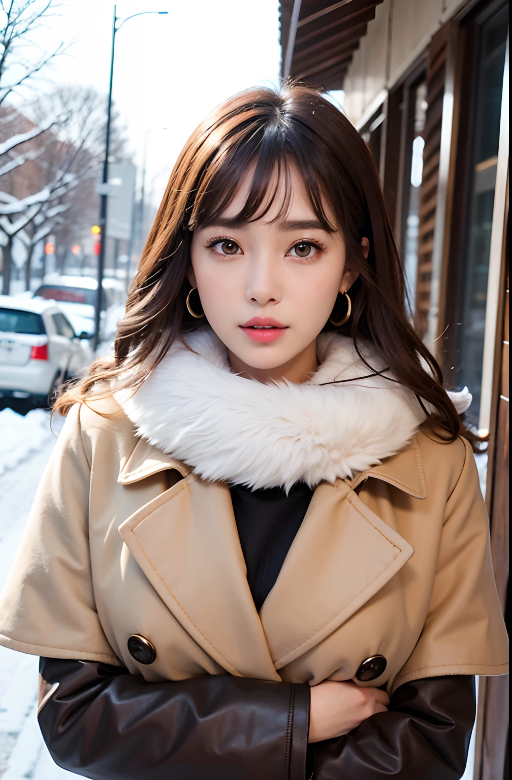 1 girl, bare_tree, brown_eyes, brown_hair, building, coat, cross_earrings, earrings, fur, fur trimmed_coat, fur_collar, fur_scarf, fur_trim, jewelry, lips, shorthair, looking_at_viewer, outdoors, snow, snow, solo, tree, upper_body, Winter, winter_clothes, detailed_eyes,Big breasts, arms close together, Chest facing camera, Big, Ears out, Golden ratio face, Golden ratio body, Best quality, Ultra high definition, Bangs