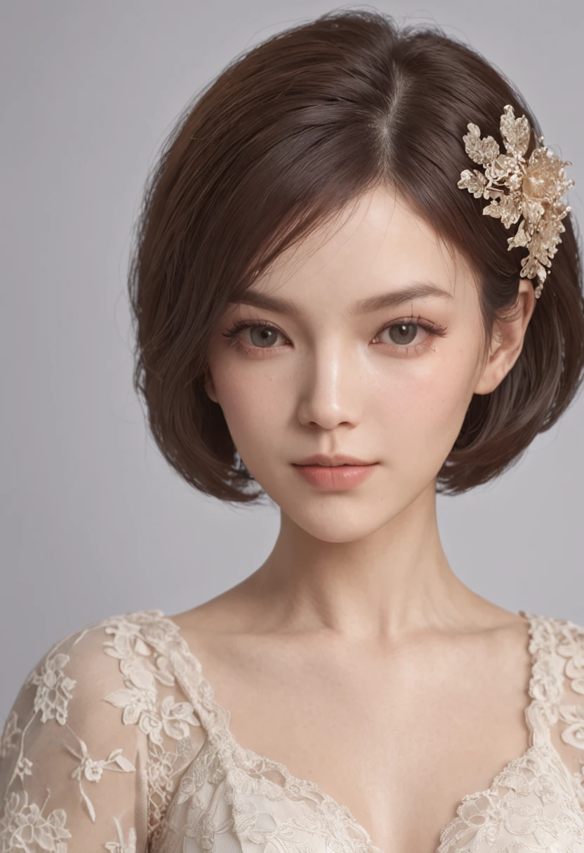 Waist (extremely detailed CG wallpaper unit 8k, masterpiece, best quality, ultra-detailed), (best lighting, best shadow, an extremely delicate and beautiful), featuring a female character with stunning (beauty face & short bob cut hair), pose dynamic, high resolution, white background