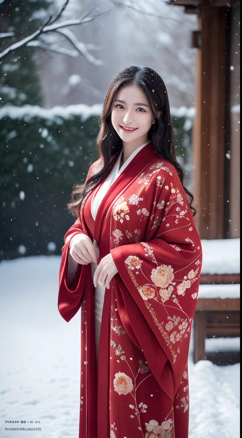 (Photorealsitic), (Top image quality), (超A high resolution), 8K, RAW photography, (tmasterpiece),  (From head to calf:1.5)、(best quality detail)，1girll、The ultra-detailliert、High quality textures、intricately details、Very detailed CG、High quality shadows，depth of fields、Ray traching,joy，Sit down，Cute, Slender, (Red gorgeous kimono),(Plush cape)，(Beautiful floral kimono),Real hair, Ultra-realistic skin texture, Dynamic posture,(Shallow smile),Japanese Garden,(Heavy snow，Cover with snow，snow cover，Outdoors)，