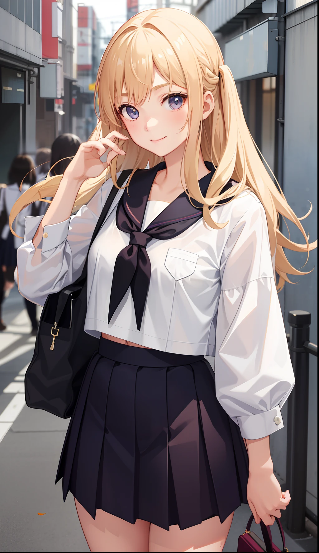 1girl in、A smile、The shirt、skirt by the、(small tits)Chilarism、Japan High School Student Uniform、serafuku、summer clothing、Run briskly、(Sheer Bra)、Upper body portrait、blonde hair、