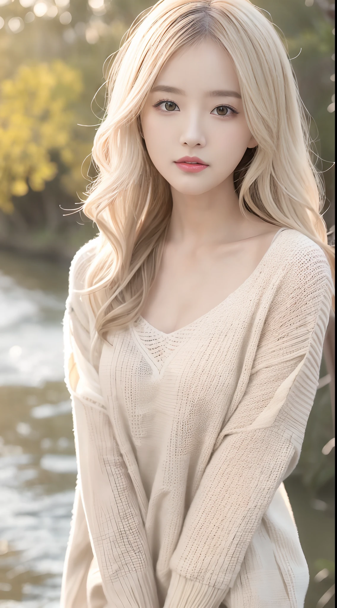 1girll,Eurora,walking on the river, mix4, Sweaters, pillow head, Lips, Open_Mouth, Realistic, Photo_\(mediating\), Solo, stuffed_Animal, stuffed_toys, teddy_bear,(Masterpiece),(Fidelity:1.3),ultra - detailed,(Highly detailed skin:1.2),(best qualtiy:1.0),(超高分辨率:1.0),(Ulzzang-6500:0.3),Wavy detail hair,long whitr hair,rays of sunshine,(Beautiful detailed makeup),(Sexually aroused blush,rough breath:1.0 ), Flower theme flower petals scattered, (Soft light blooms:0.5),Light blonde hair